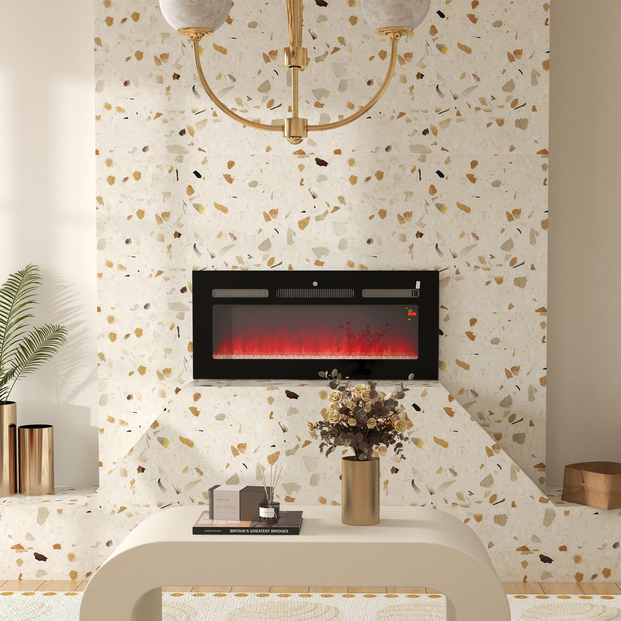 102cm Electric Fireplace 2000W Recessed Wall Mounted with Remote 9 Flame Color Crystal, Black