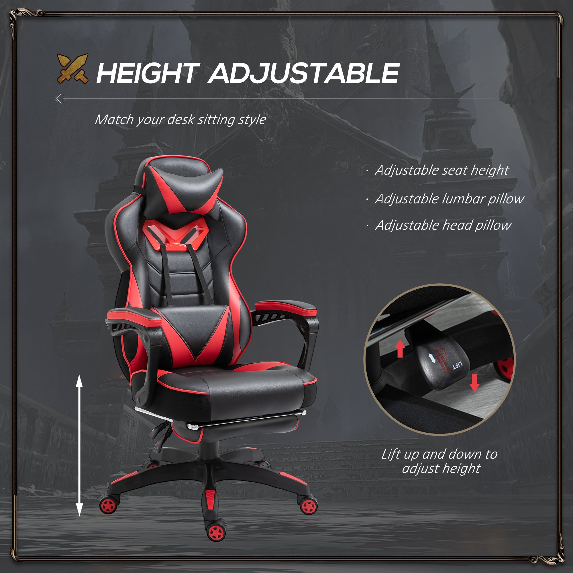 Computer Gaming Chair, Racing Desk Chair with Lumbar Support and Footrest, PU Leather, Red