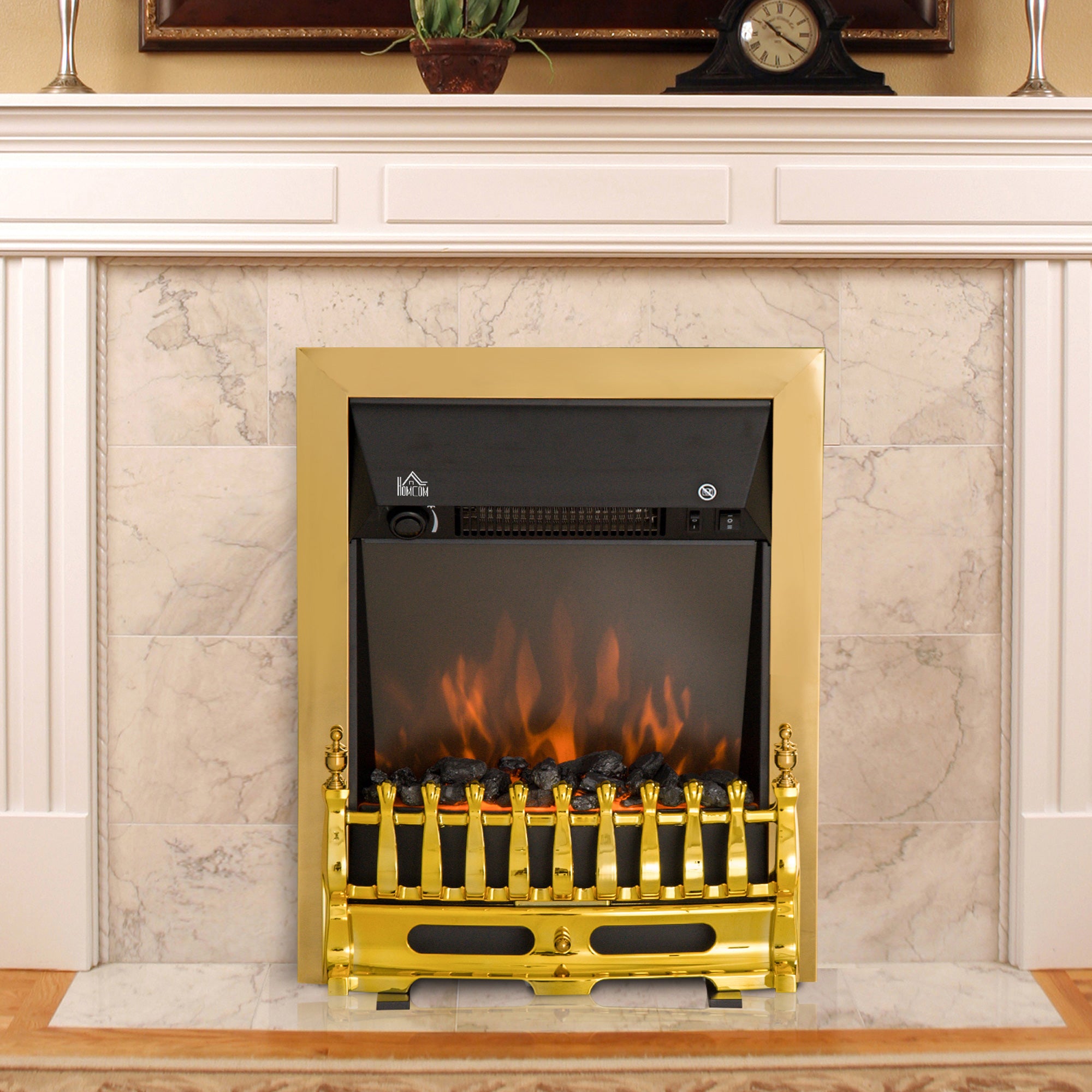 Electric Fireplace, Freestanding Flame Effect 1000/2000W, Gold