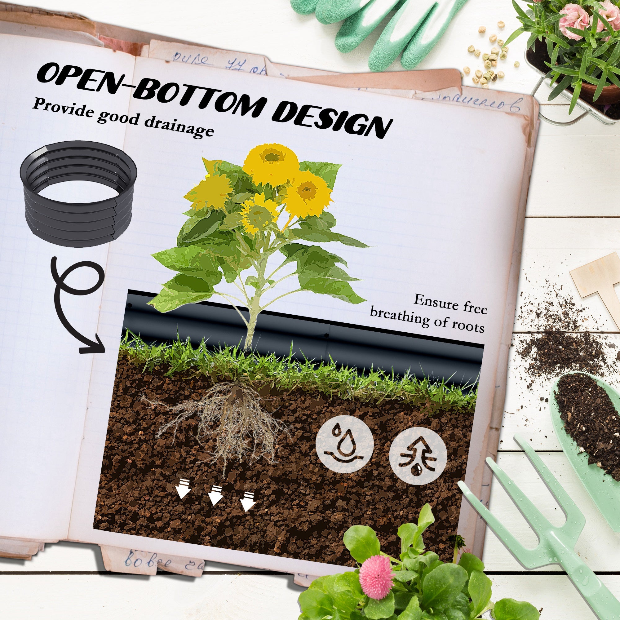 Raised Garden Bed, Metal Planter Box with Safety Edging, Dark Grey