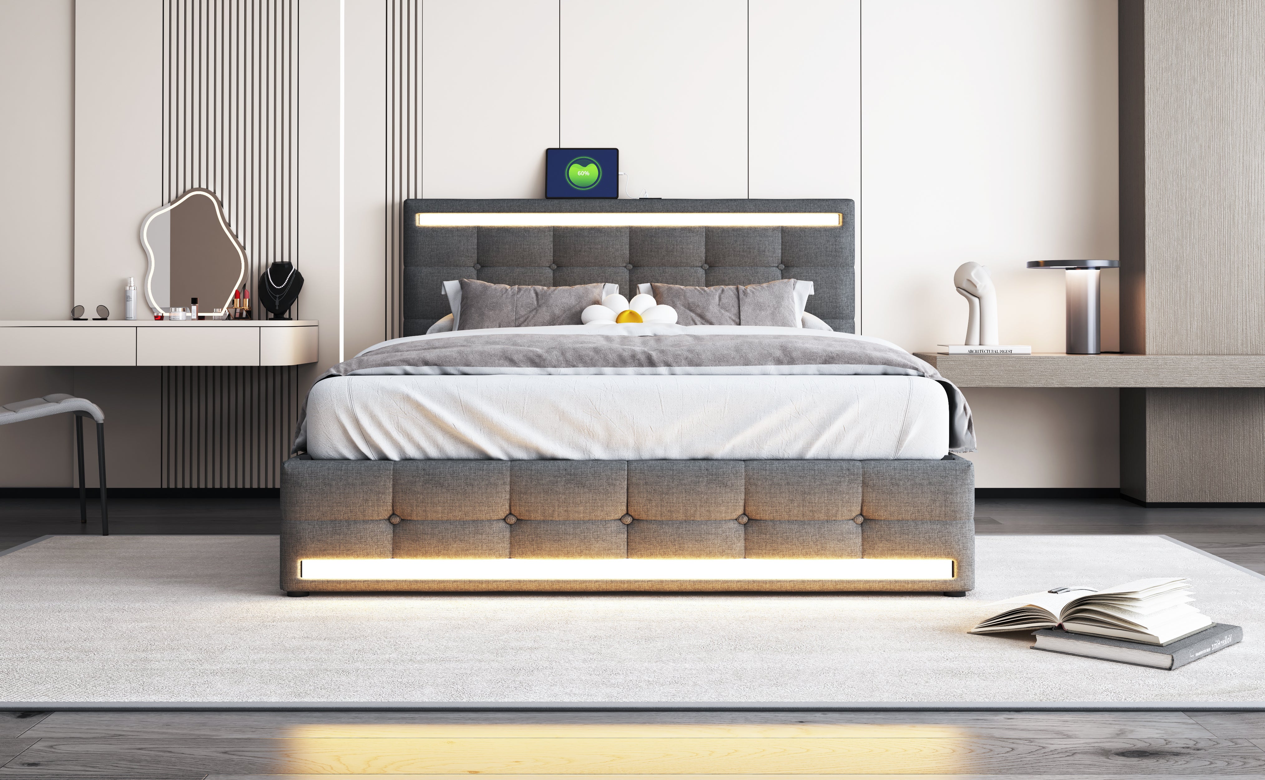 Upholstered Bed 140x200, LED, 4 Drawers, 2 USB Charging Stations, Linen Fabric Gray