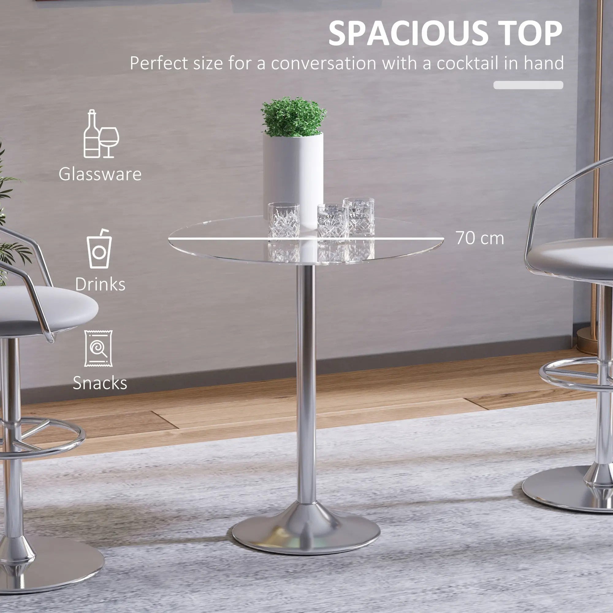Round Dining Table Modern Tempered Glass Top Steel Base Small Bar Table Tempered Glass