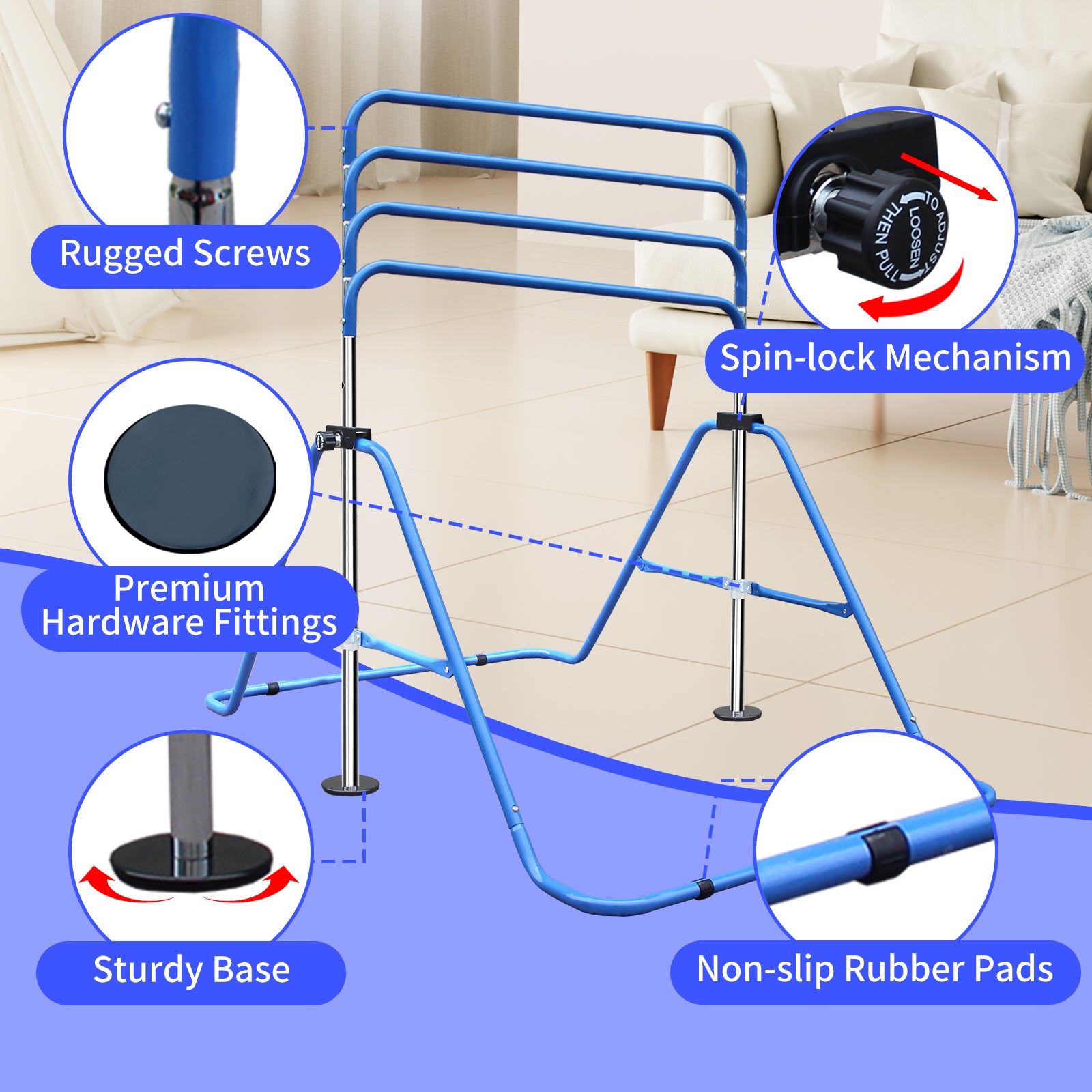 Expandable Gymnastics Bar, Height Adjustable Folding Junior Training, Blue