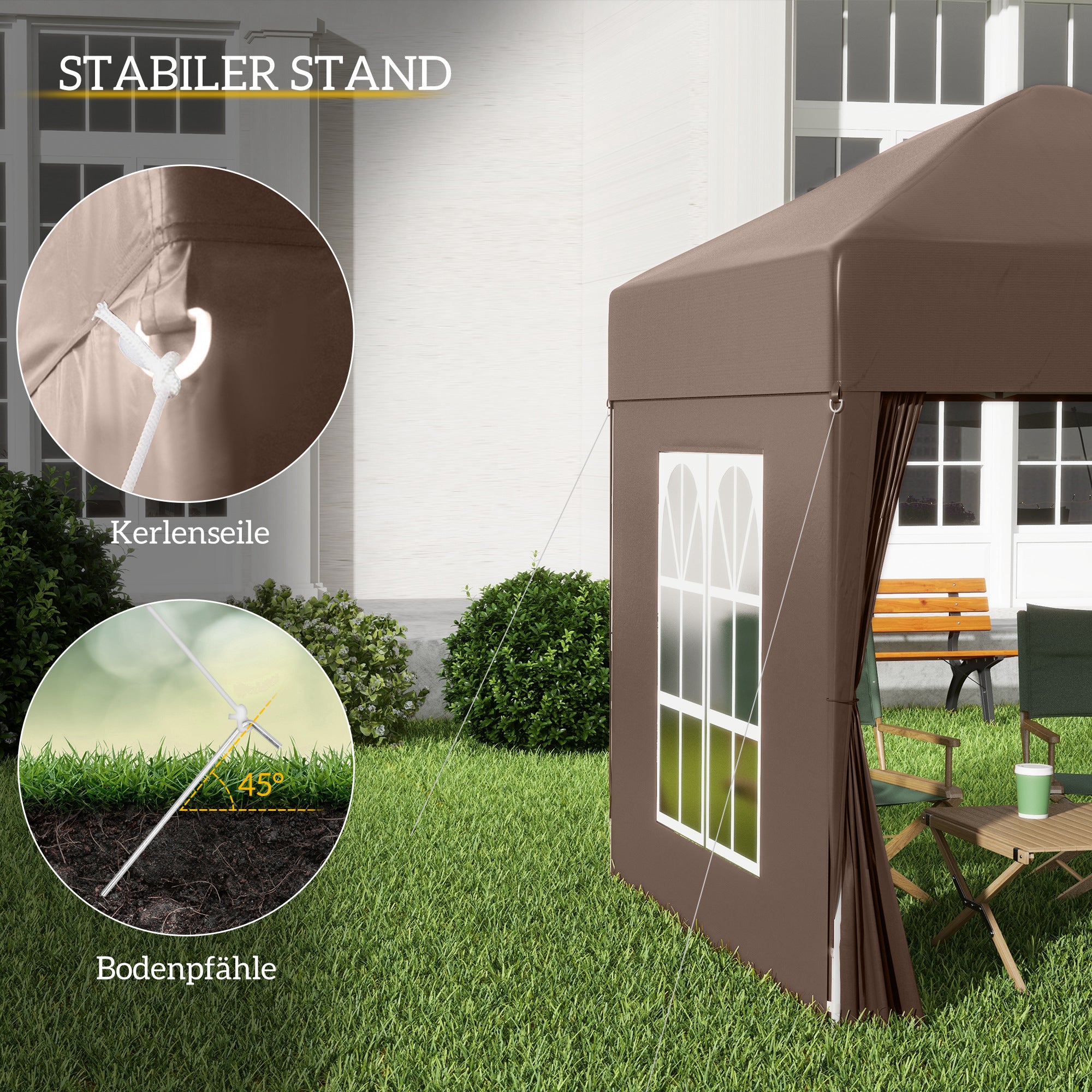 Folding Pavilion 2x2m UV Protection Side Panels Windows Oxford Fabric Brown