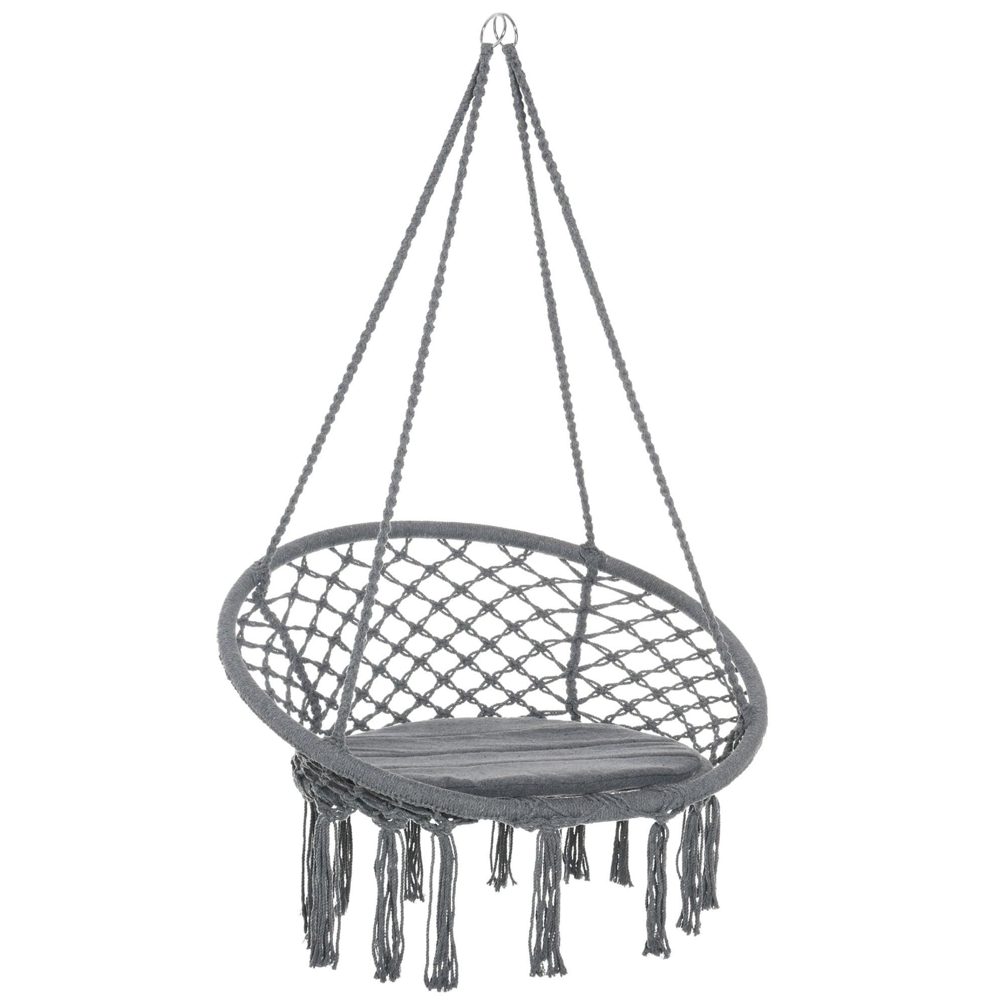 Macrame Hanging Rope Chair with Cushion and Fringe Tassels, Cotton-Polyester Blend, Grey