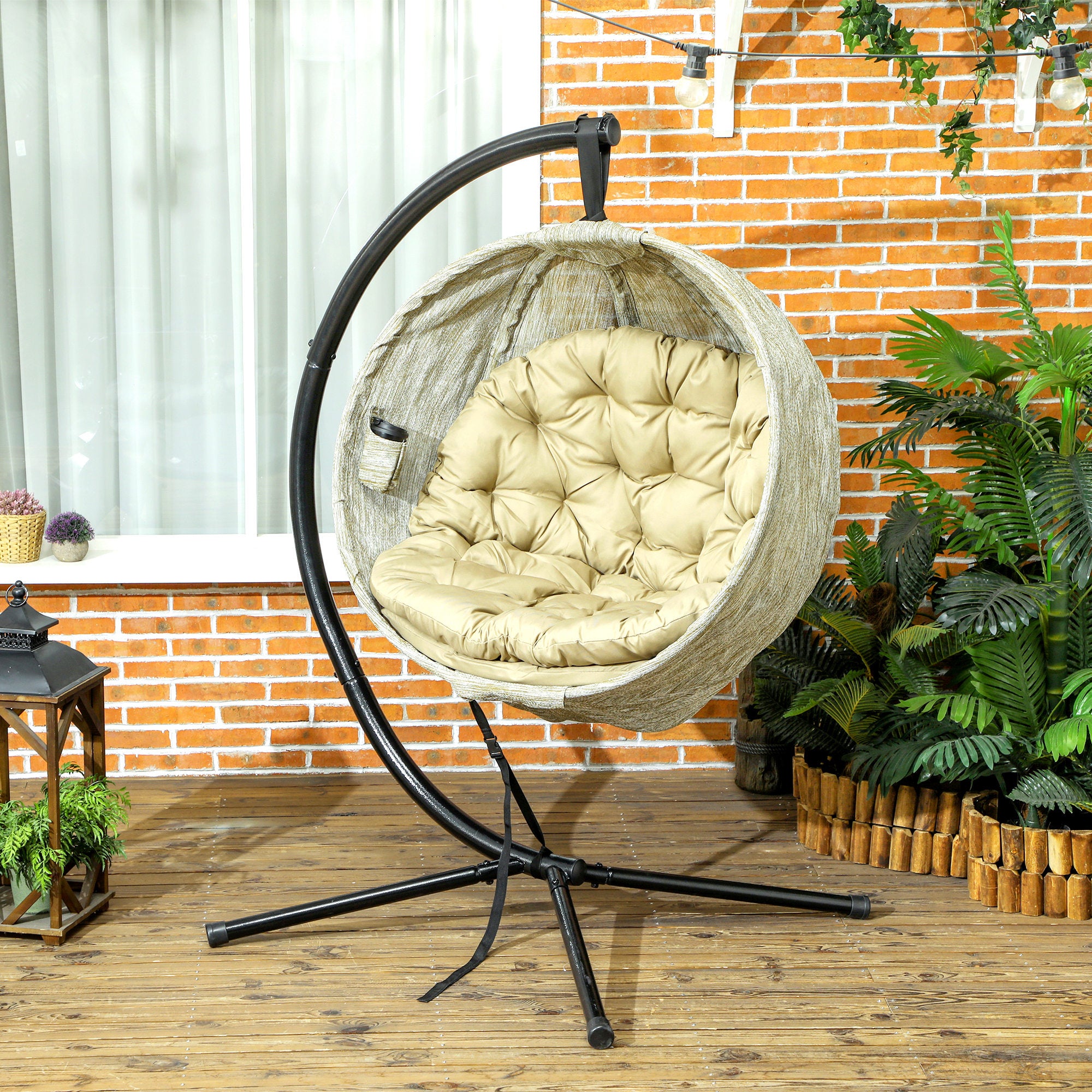 Hanging Egg Chair Swing Chair with Stand, Folding Basket, Thickened Cushion, Khaki