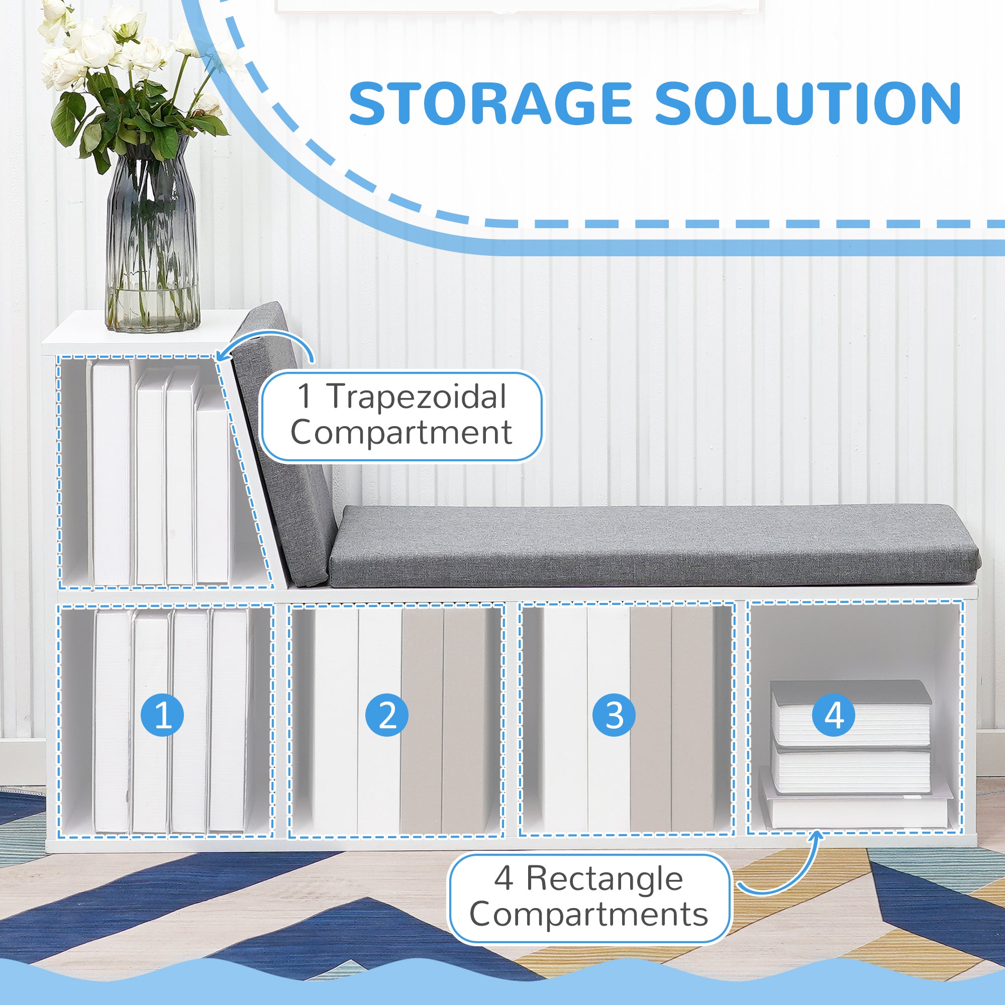 Bookcase Storage Shelf with Cushioned Reading Seat & Cabinet, Engineered Wood White
