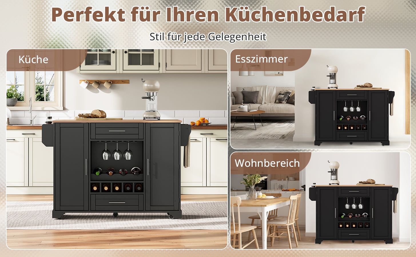 Kitchen Island Cart Folding Worktop Wine Rack Storage - Black