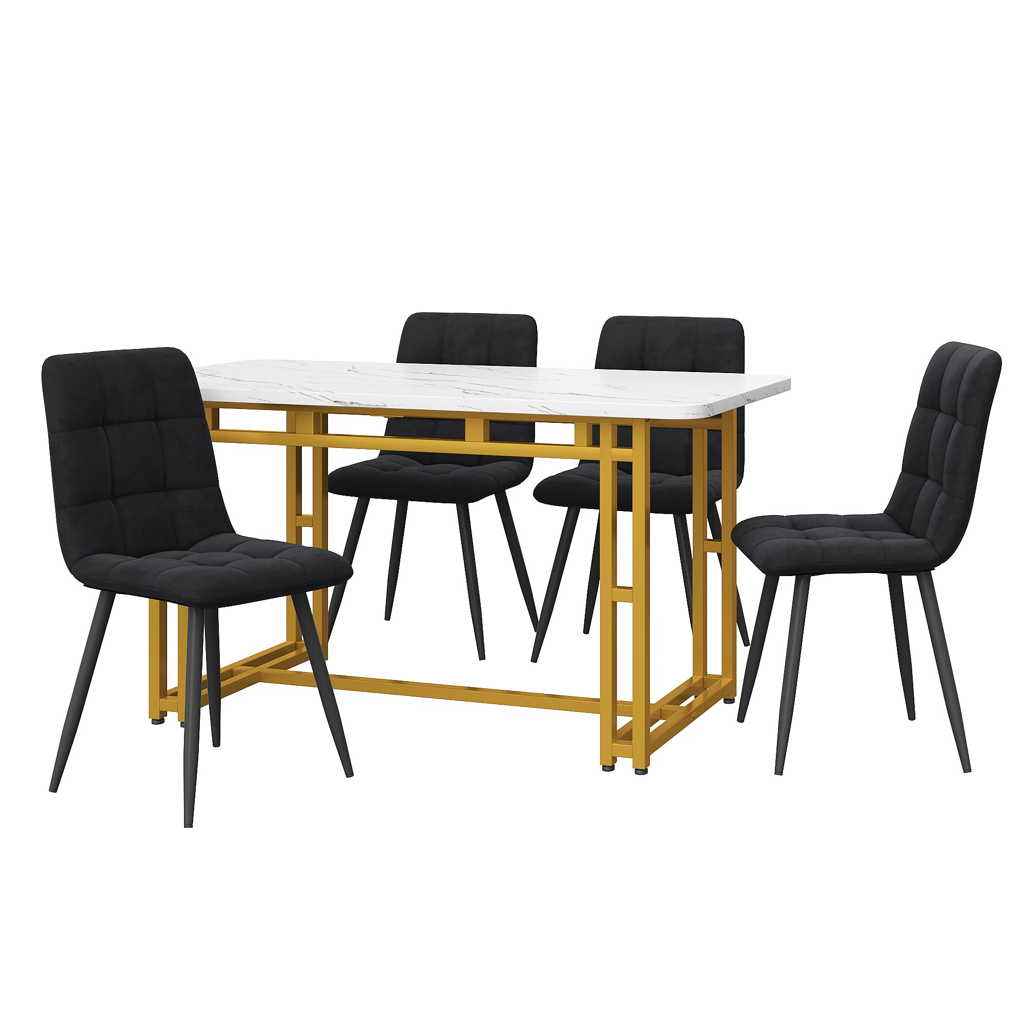 Dining Table Set, 120x70cm with 4 Chairs, Black Velvet & Golden Iron