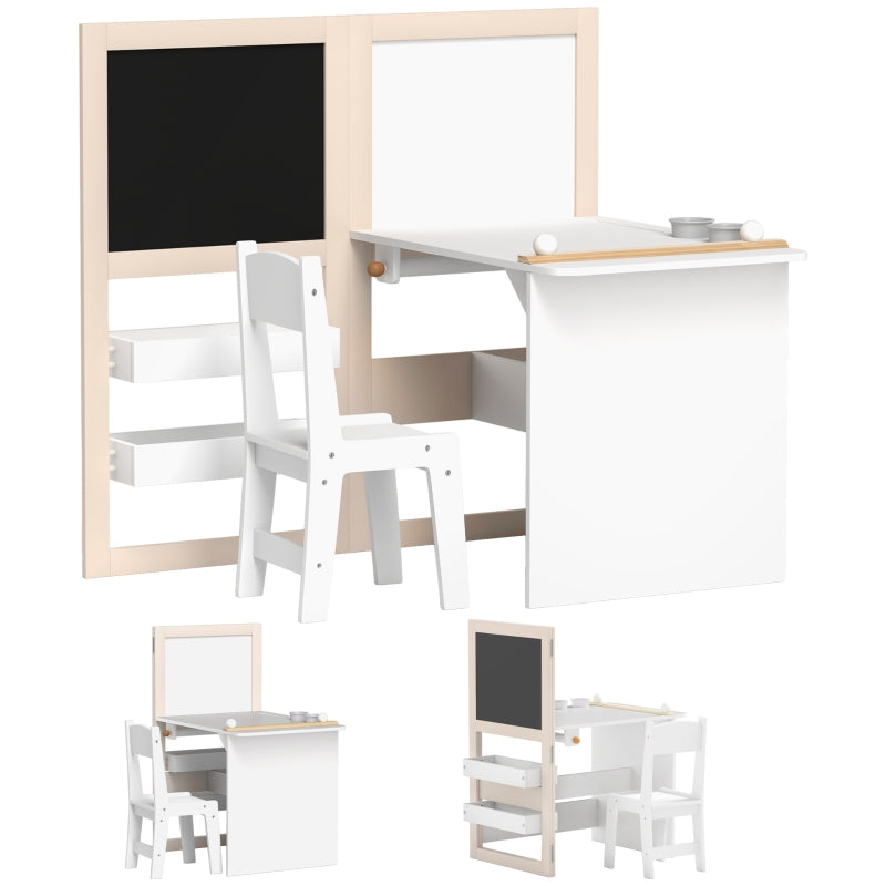 3 in 1 Kids Table and Chair Set with Storage, Whiteboard, Blackboard, Roll Paper for 3-8 Years, White