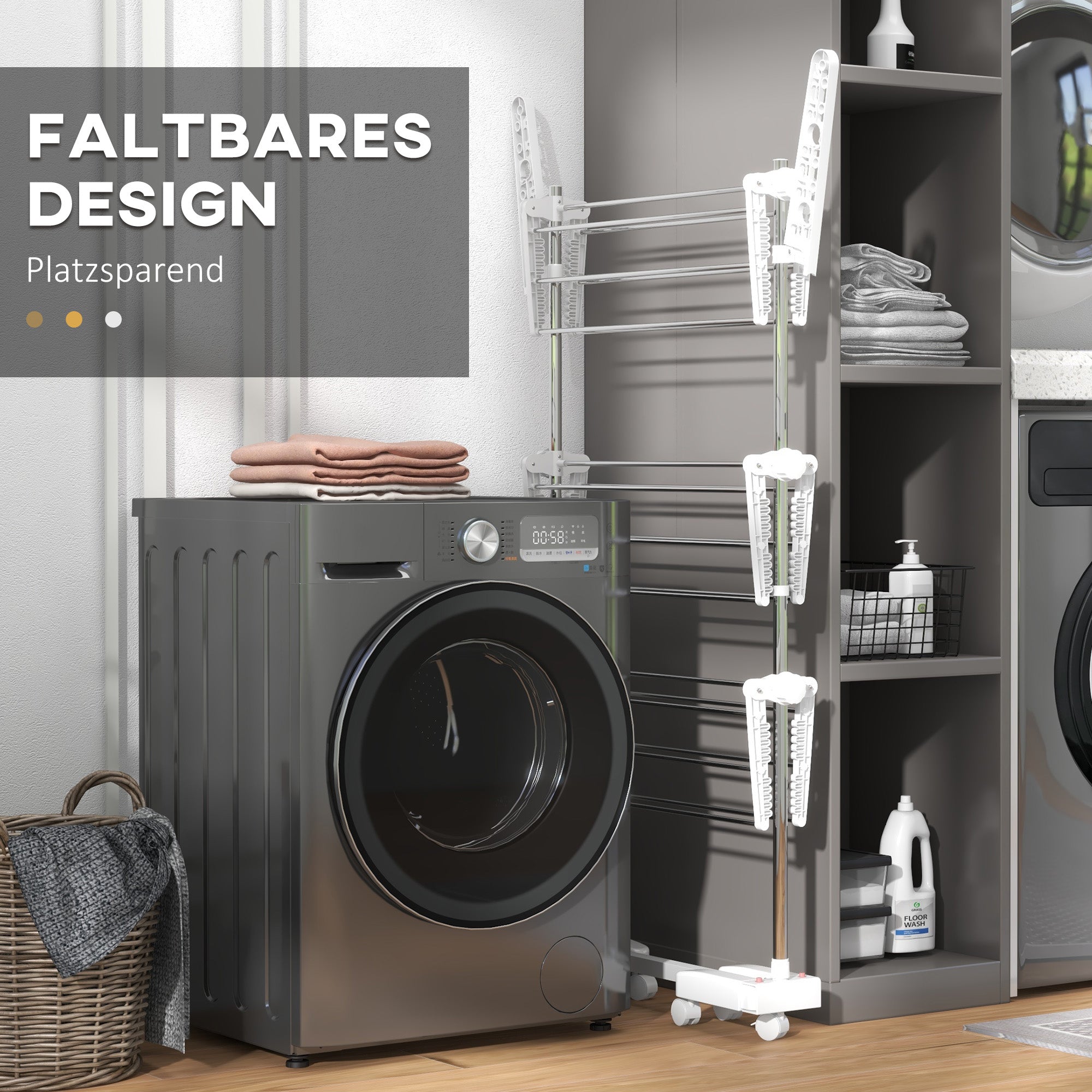 Mobile clothes dryer foldable 3 levels with wheels, for space-saving drying