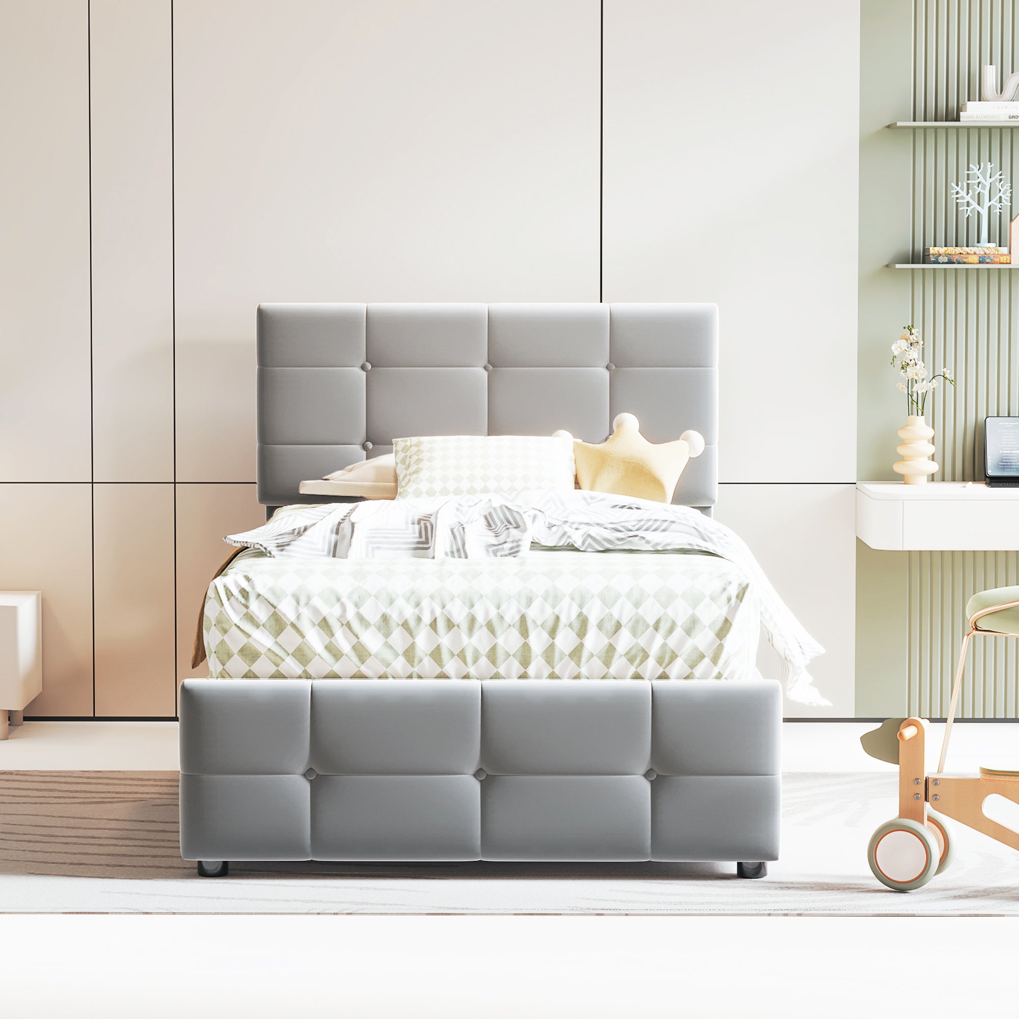 Children's Bed 90x200cm, Hydraulic Storage, Adjustable Headboard, Velvet Grey