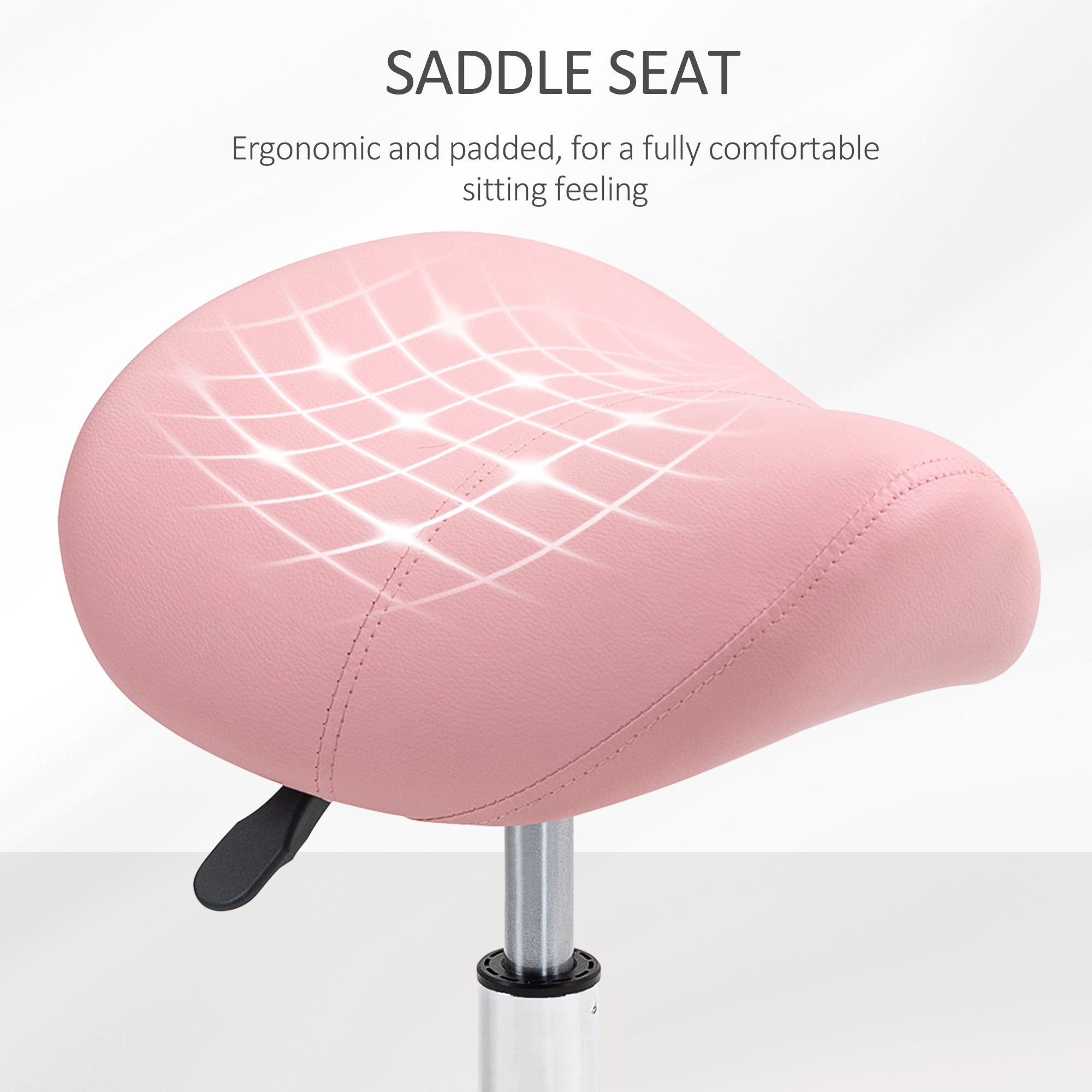 Saddle Stool, Adjustable Rolling Salon Chair, Pink PU Leather
