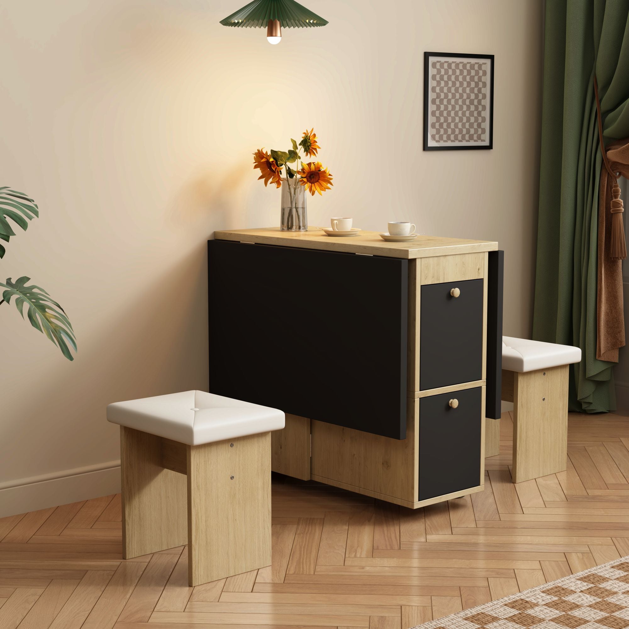 Dining Table Set with 4 Chairs, Folding and Extendable Table, 120x80x75cm, White, Oak and Black