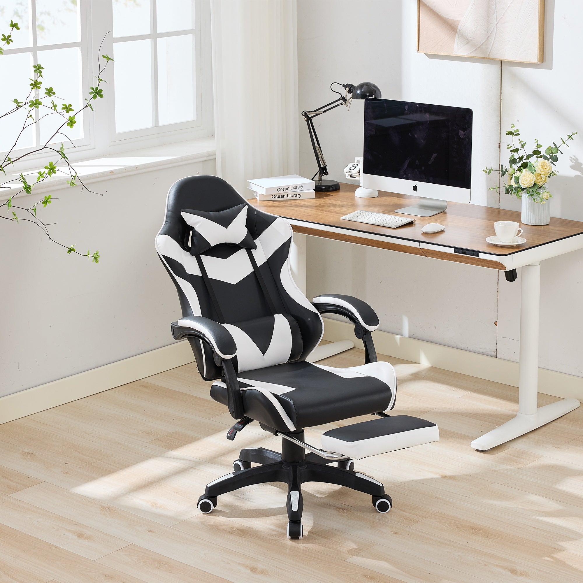 Gaming Chair, 360° Swivel Ergonomic High-Back Office Chair with Footrest, Headrest, and Lumbar Support – Black & White Leather