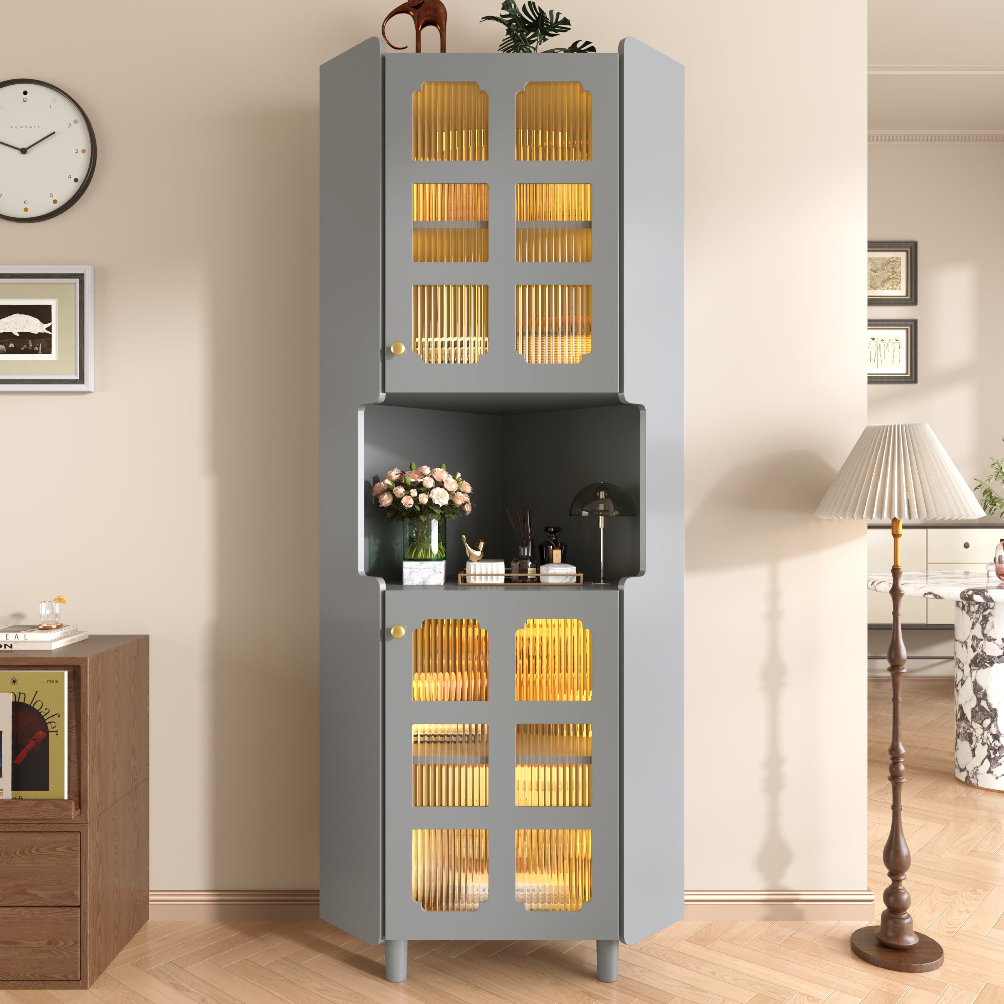 Corner Cabinet Multifunctional Storage LED Lacquer - Grey