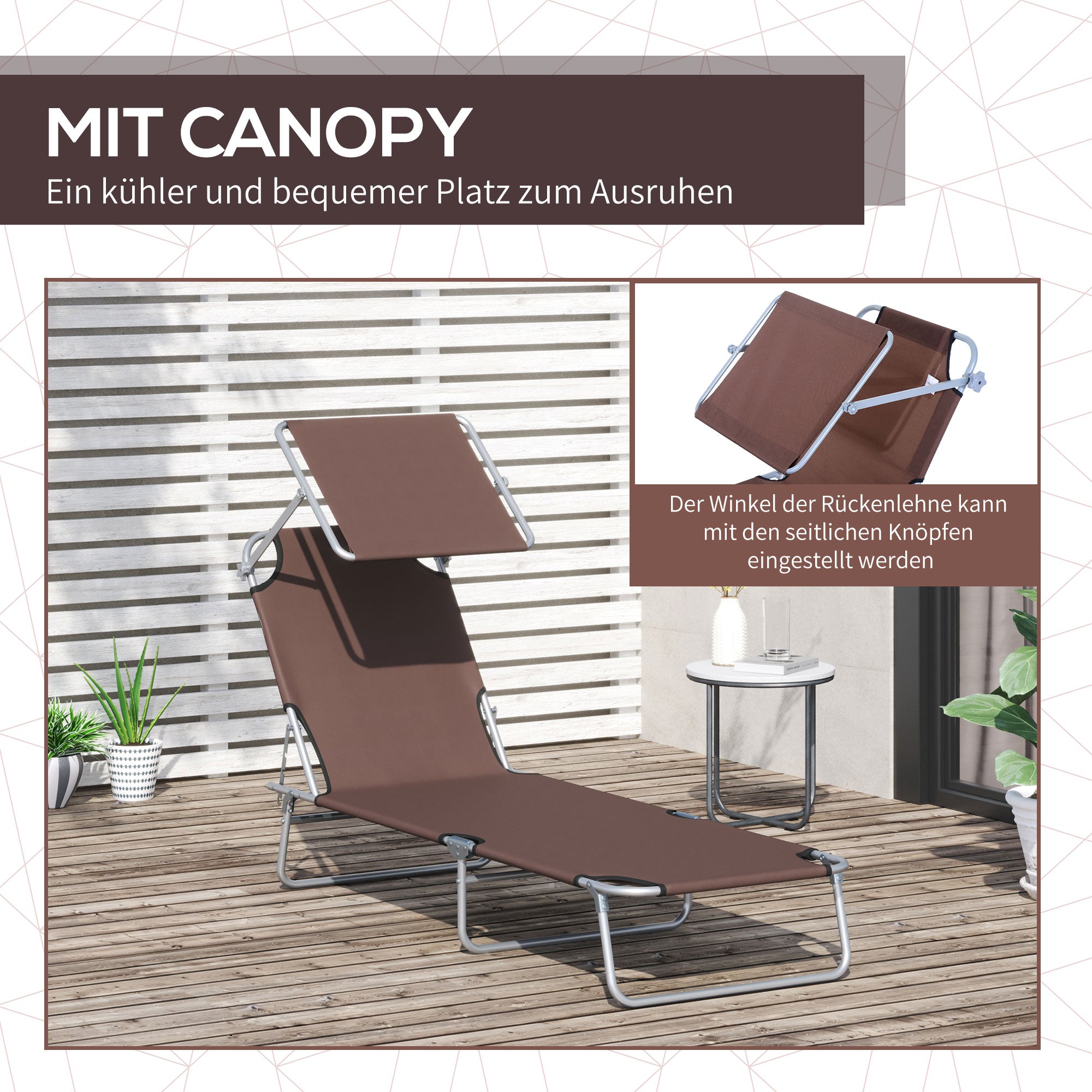 sun lounger foldable with sun protection, brown