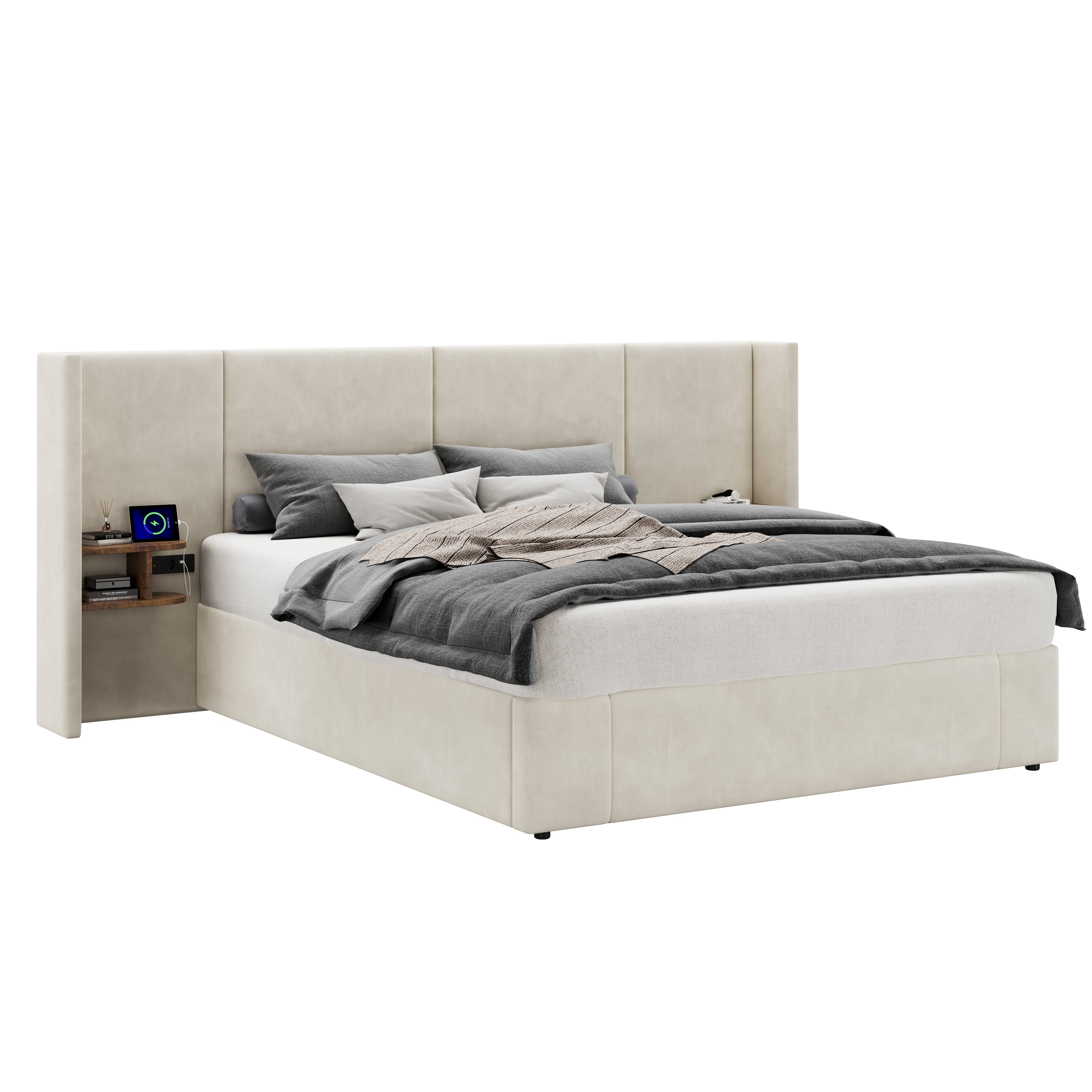 Upholstered Storage Bed with Hydraulic Lift, USB Charging & Two Bedside Tables, Beige