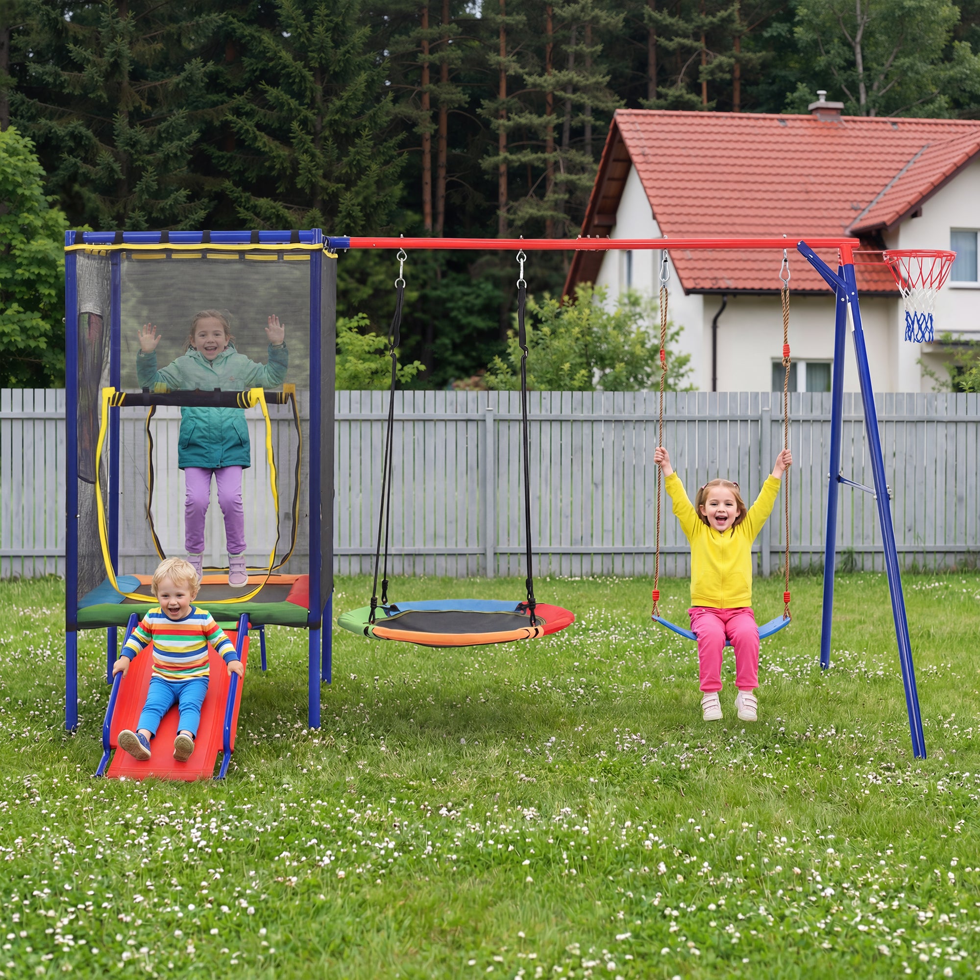 Multifunctional Outdoor Swing Set with Trampoline, Slide, Basketball Hoop and Nest Swing, Stable Steel Construction