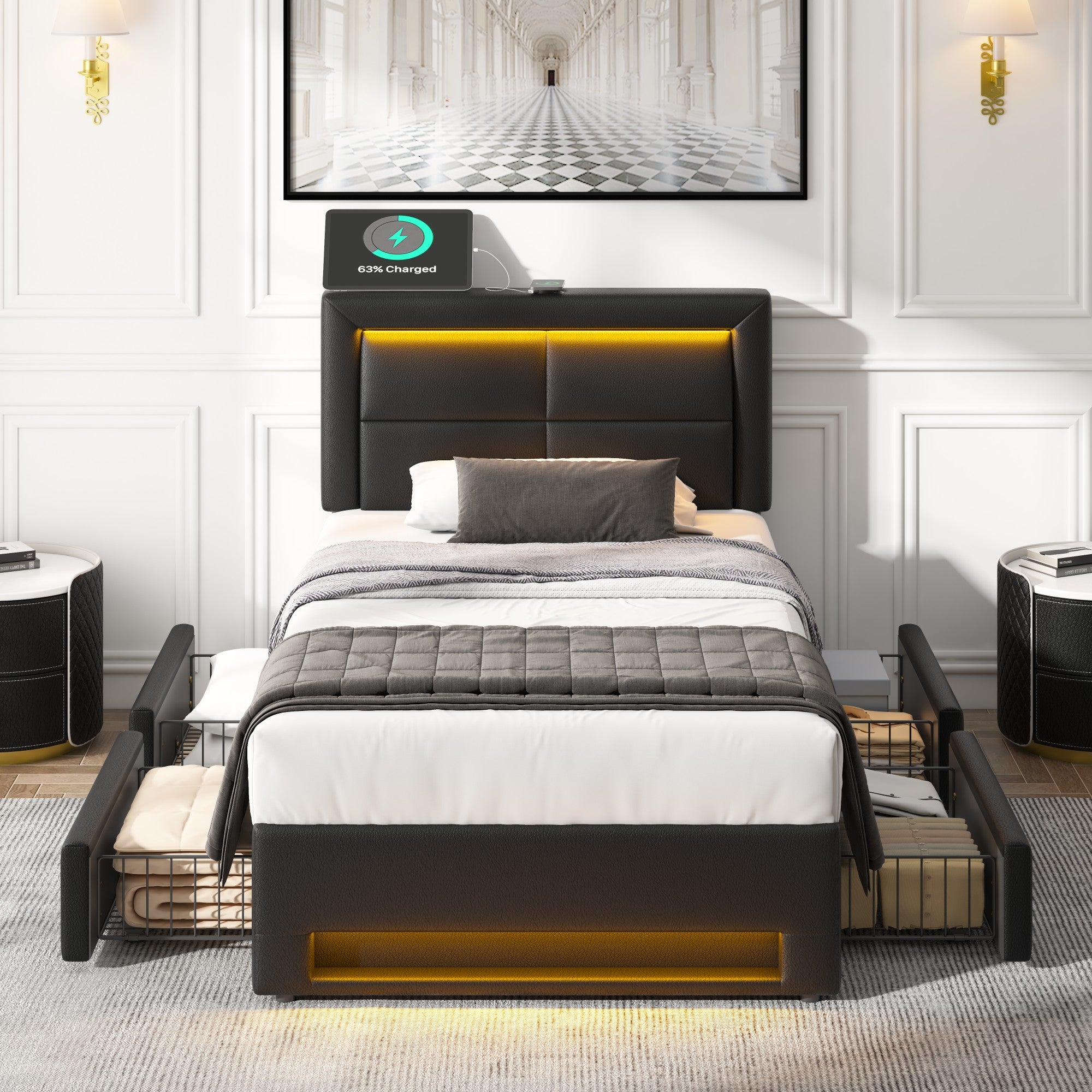 Upholstered Bed 90x200cm LED USB Charging 4 Drawers - Black PU Lychee