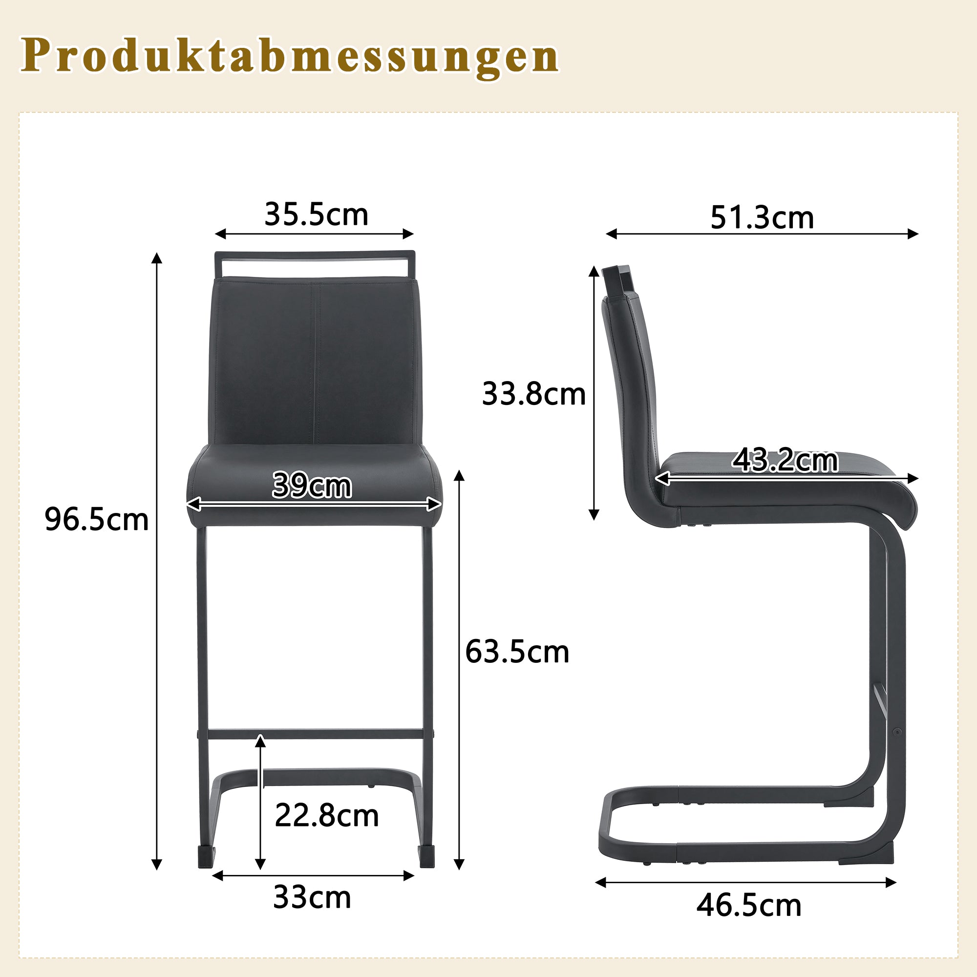 Nordic-Style Bar Stools, Set of 2, 96.5 cm Height, Black Faux Leather