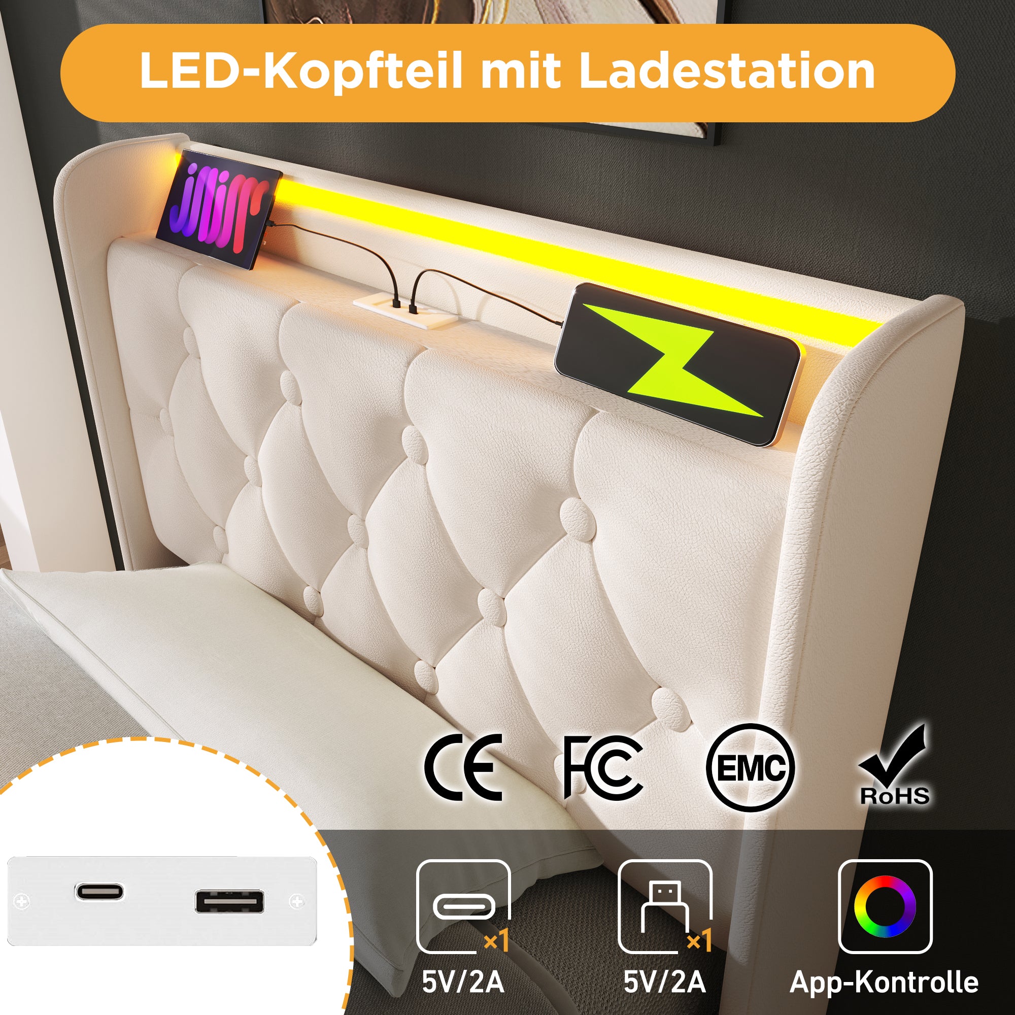 Upholstered Single Bed, 360° LED Hydraulic Storage, USB Type-C, White PU Leather