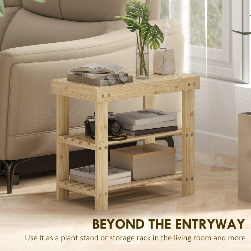 Two Shelf Shoe Storage Bench Natural Bamboo Finish