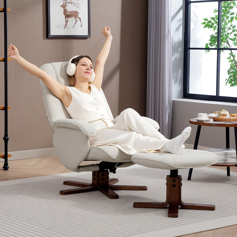 Linen Swivel Recliner Chair with Footstool, Upholstered Reclining Armchair, Beige