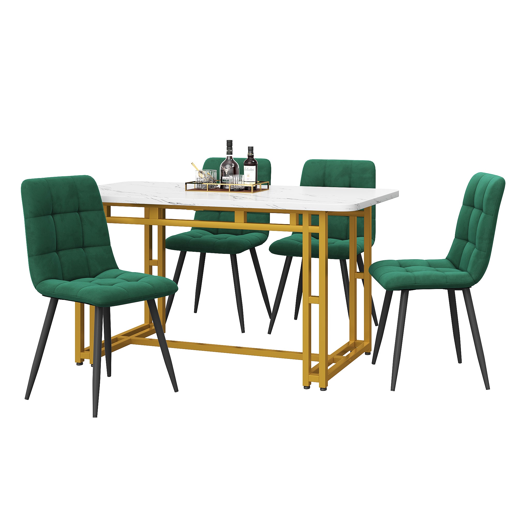 Dining Set 120x70cm with 4 Chairs Modern Gold Iron Leg Dark Green Velvet
