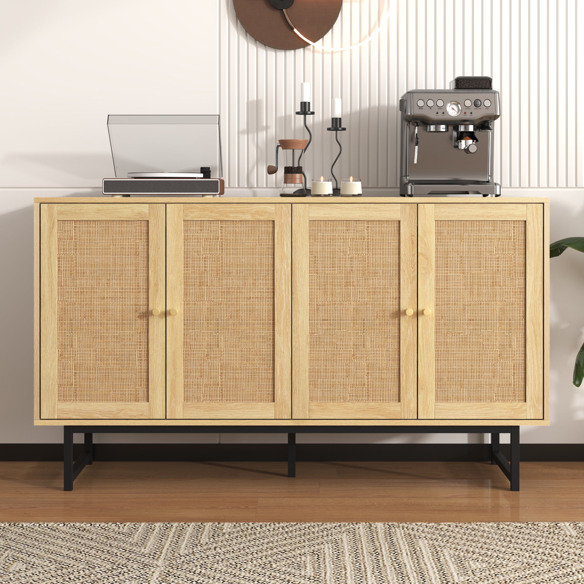 Sideboard with Real Rattan Weave, 4 Doors, 140x39.5x80 cm