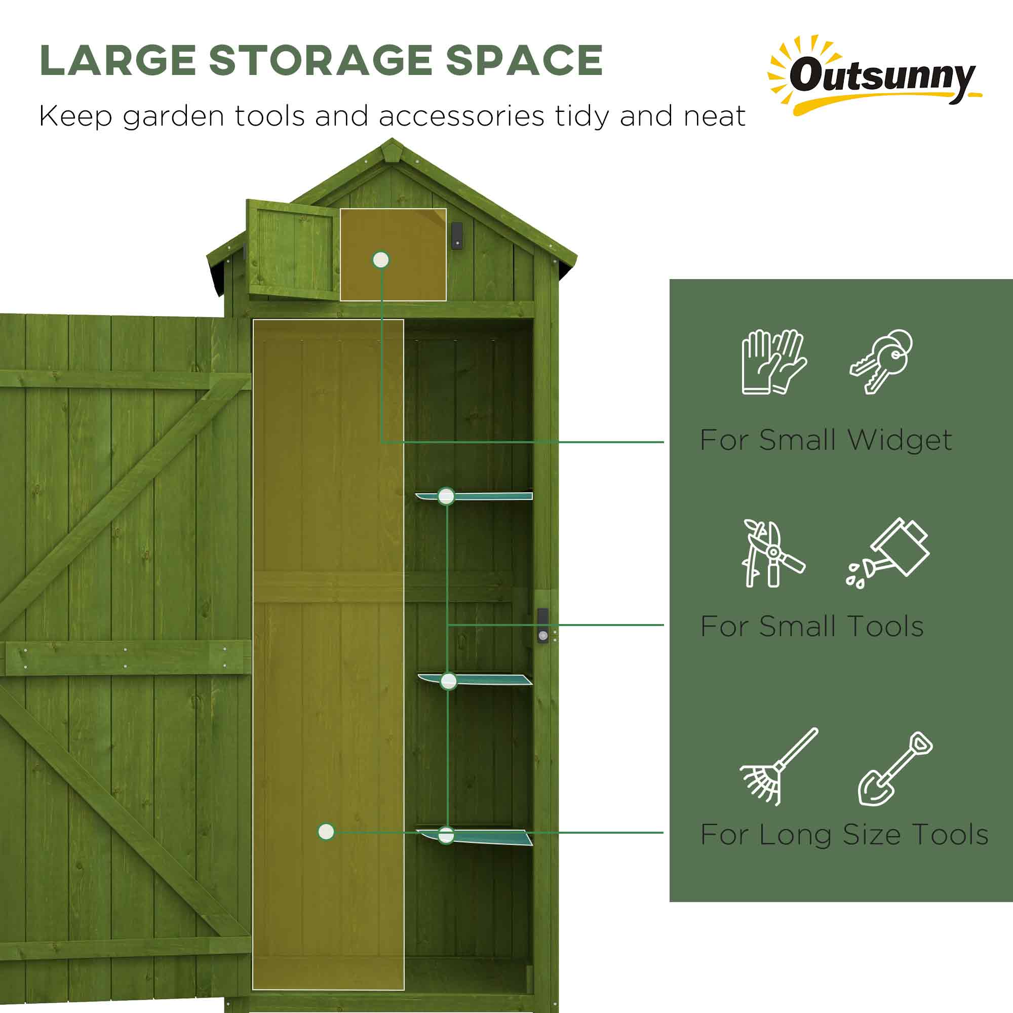 Small Shed, Tall Slim Garden Shed with 3 Removable Shelves, Wooden Green