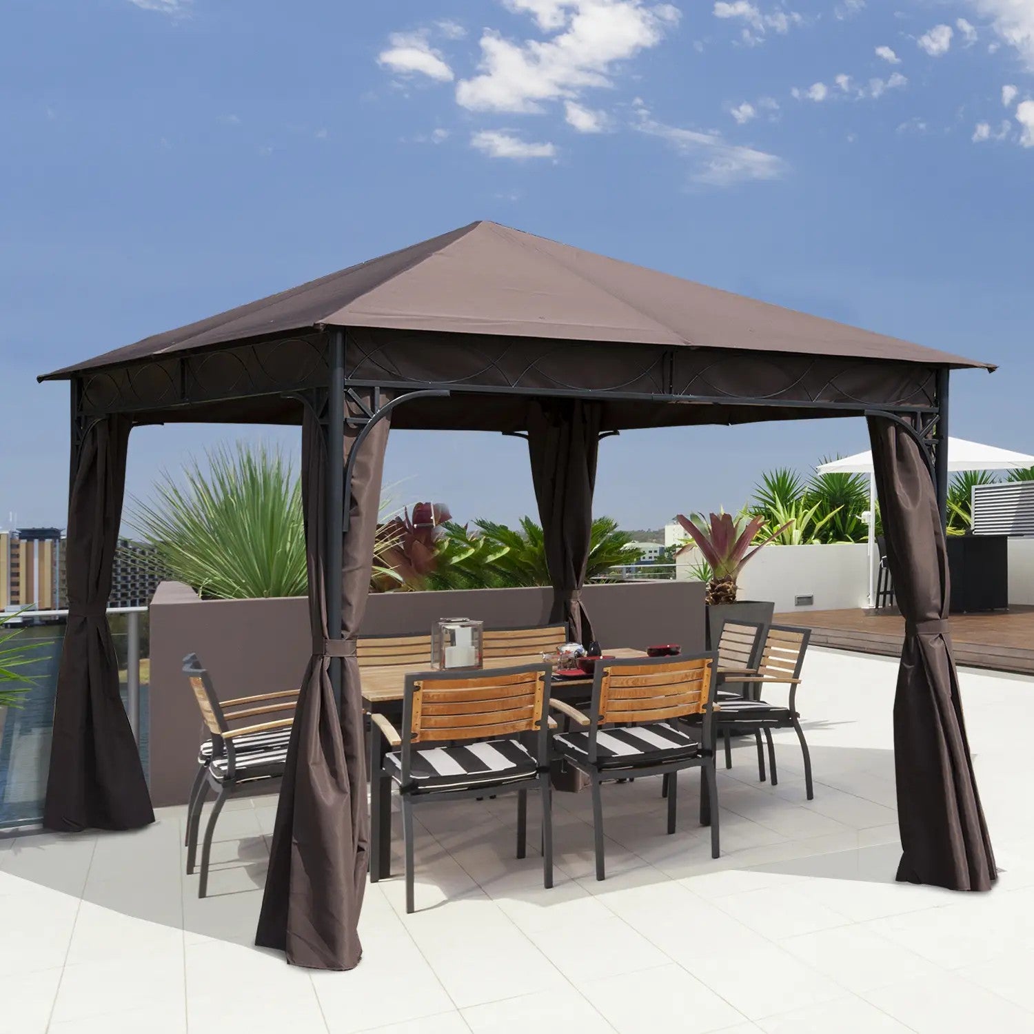 Garden Gazebo 3x3m Outdoor Canopy Shelter with Curtains, Steel Frame, Coffee
