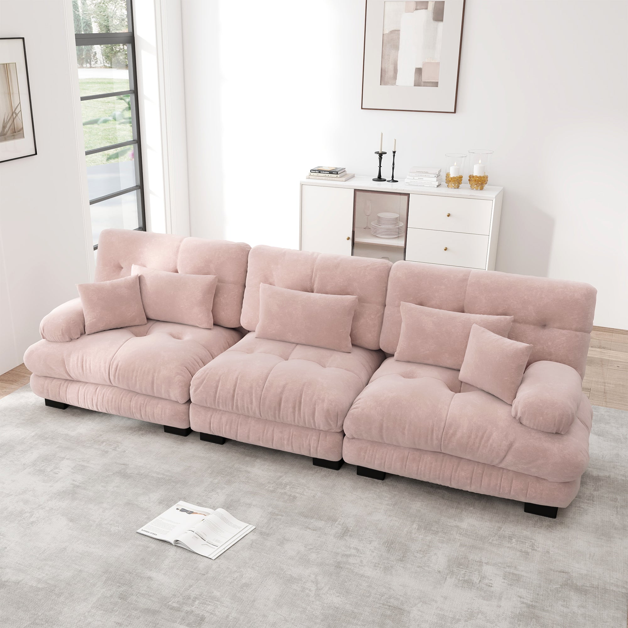 3-Seater Modular Corner Sofa with Deep Seat, Chenille Sleeper Sofa, Comfortably Upholstered for Living Room, Apartment, Studio, Office, Pink Chenille