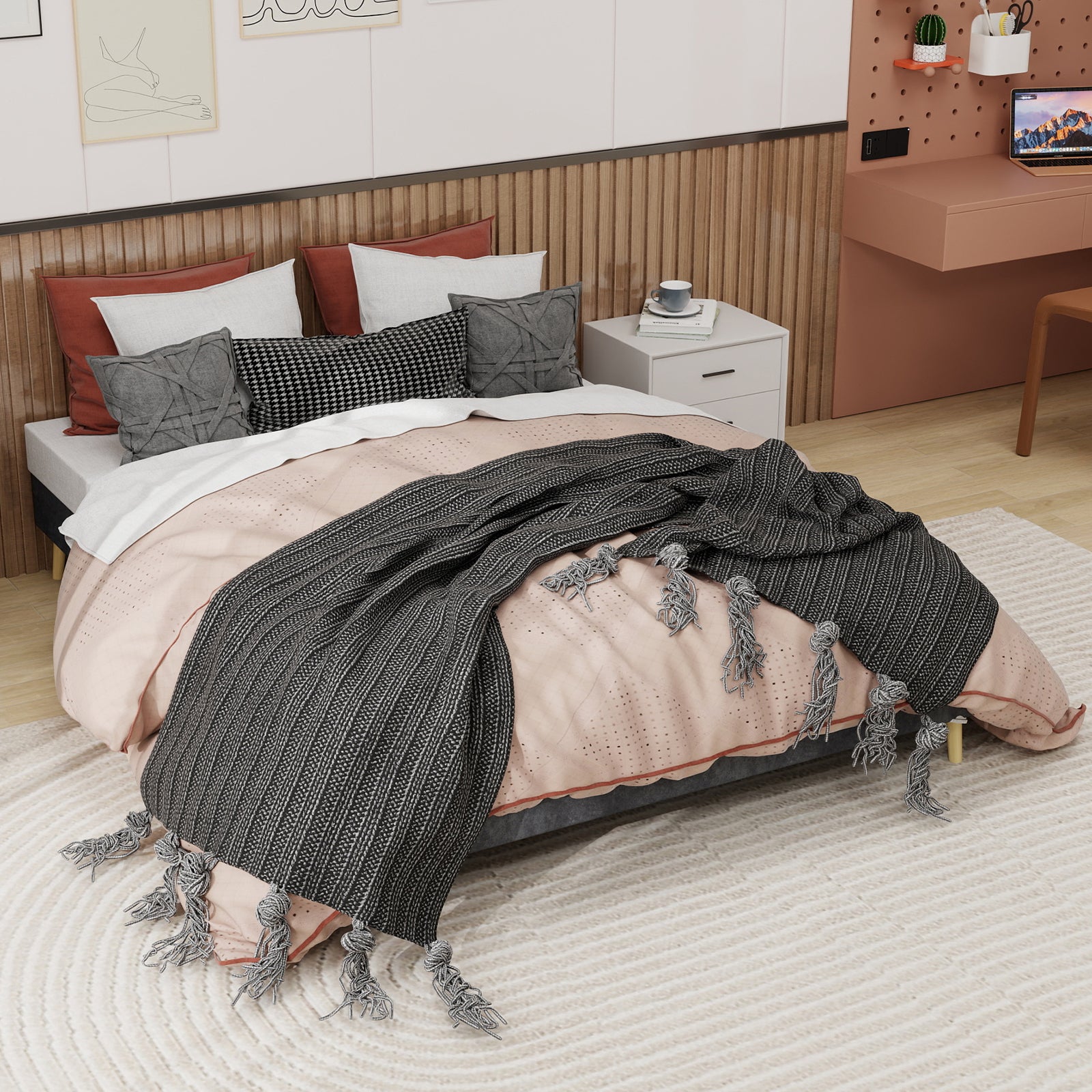 Modern Minimalist Bed Frame, 160x200 cm Low-Profile, Grey Dutch Velvet Fabric