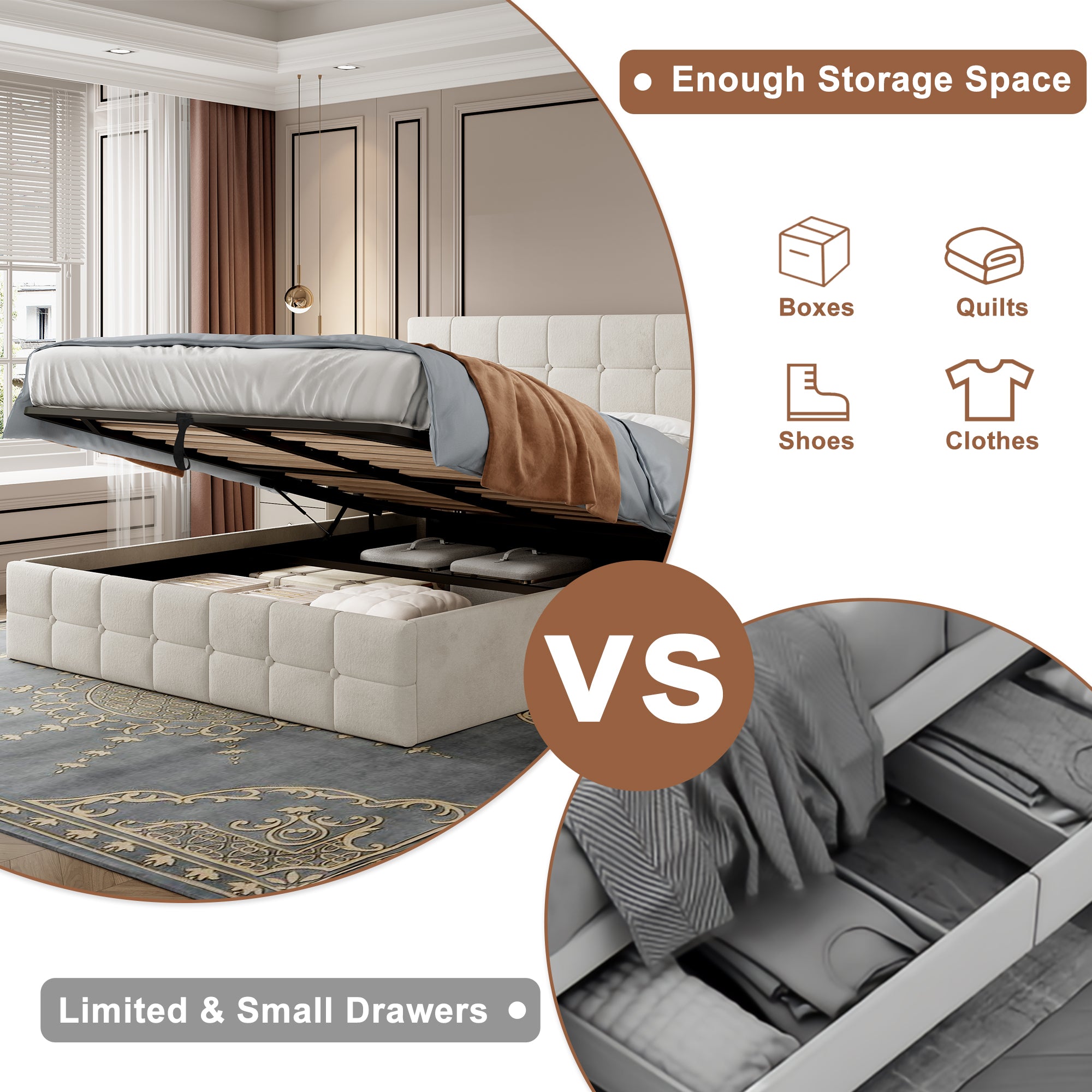 4ft6 Double Upholstered Storage Bed Frame, Velvet Ottoman with Hydraulic Storage & Adjustable Button Tufted Headboard, Metal-Wood Support, Beige
