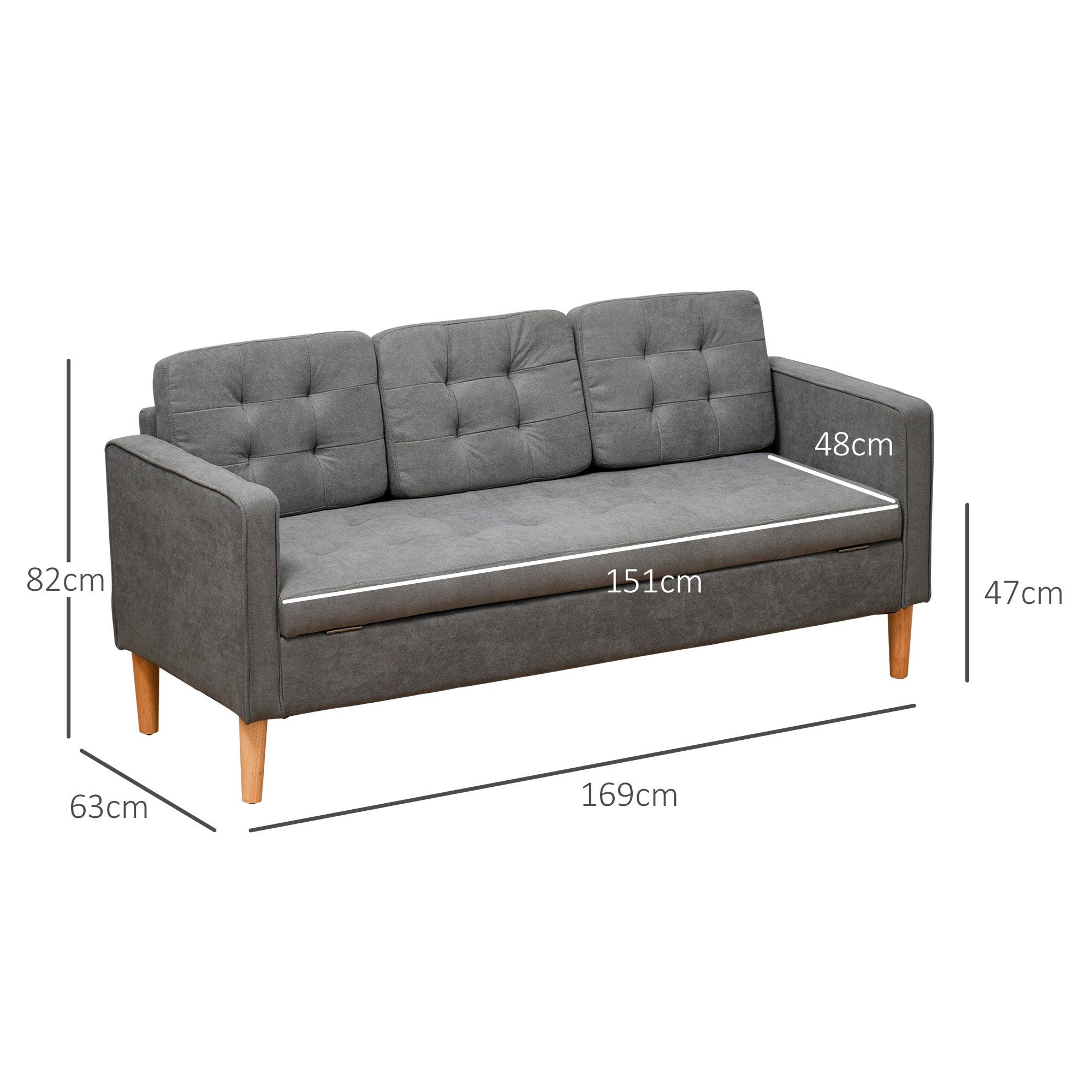 Modern 3 Seater Sofa, Hidden Storage Couch with Wood Legs, Grey Cotton