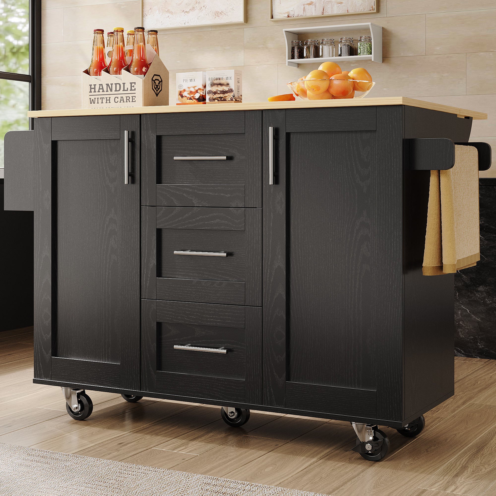 Kitchen Island, Removable Dividers & Casters, Workbench, Wood Grain, Black