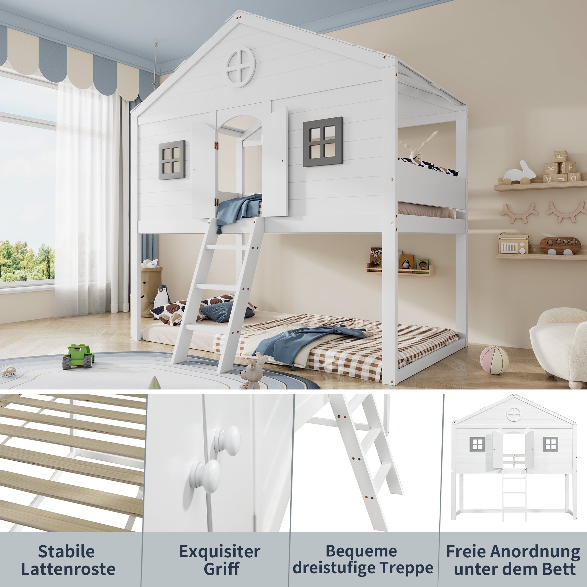 House Bed, Stairs, Safety Rail & Gate, Pine & MDF, White & Grey