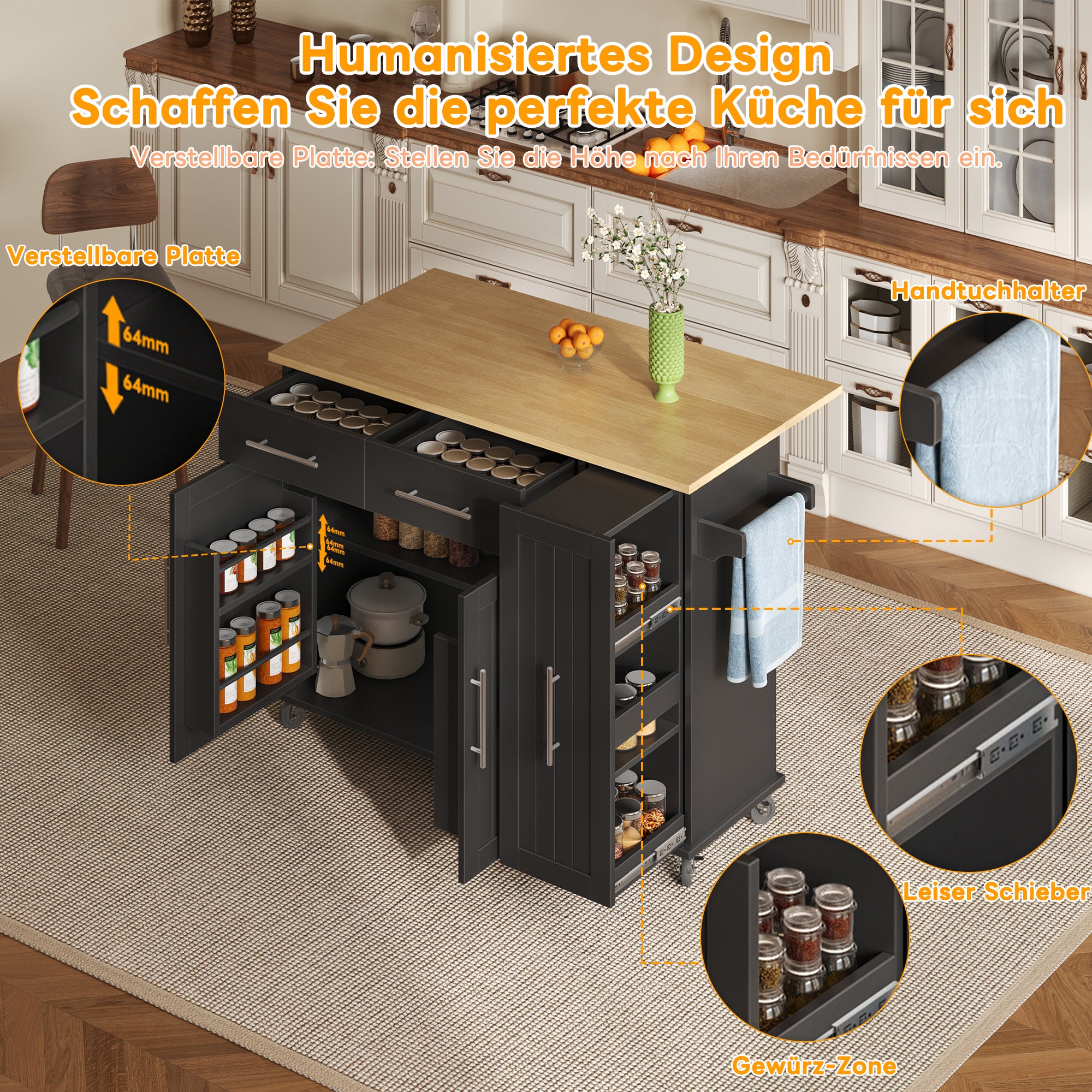 Kitchen Island Storage Cart, Drop Leaf 3-Tier Cabinet 2 Drawers, Black