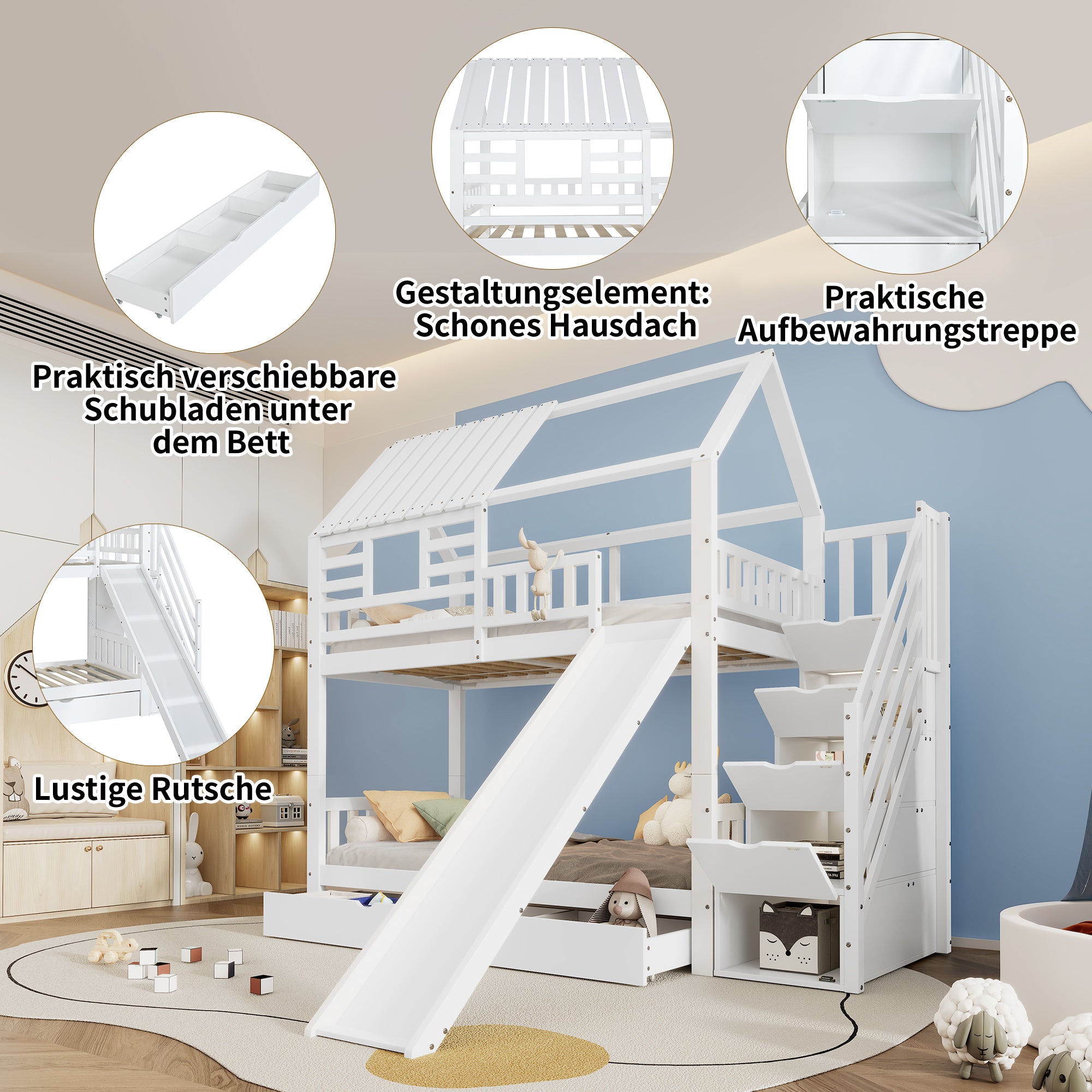 Bunk Bed, House Bed with Stairs, Slide, Storage, Safety Gate & Drawer, Pine/MDF, White