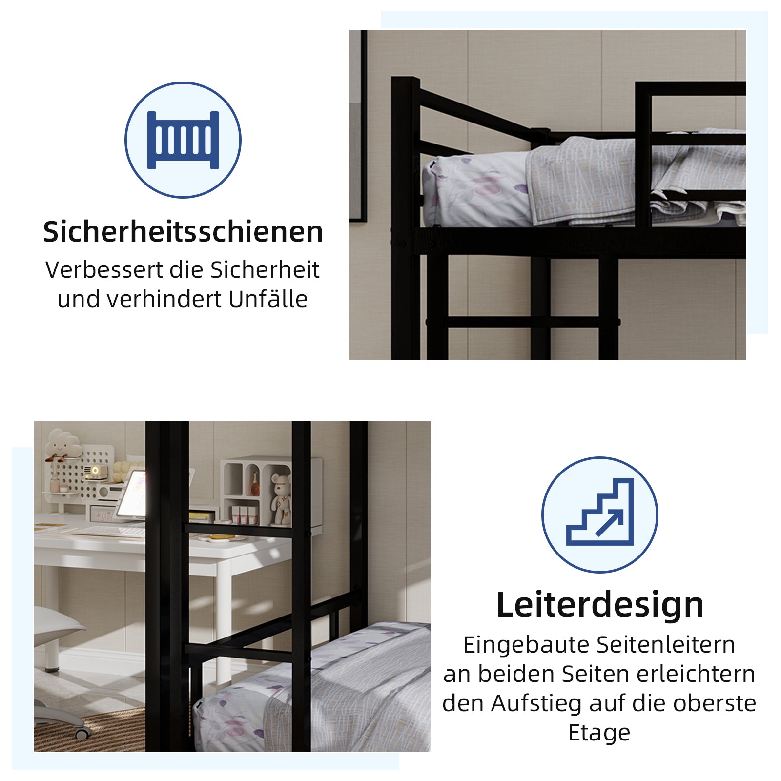 Metal Bunk Bed, Two Single Beds, Heavy-Duty, Quiet, Safety Railing, No Box Spring Required, Metal