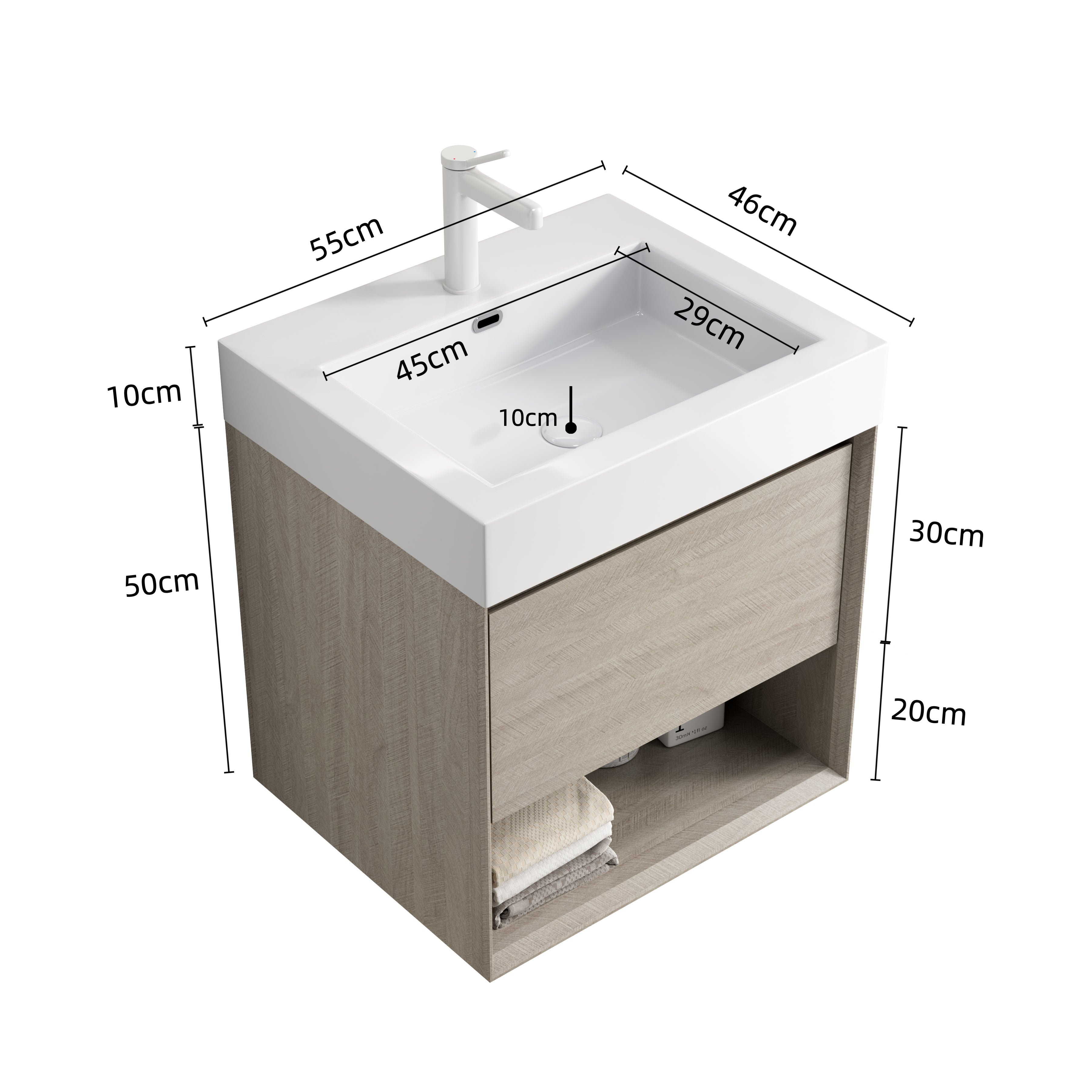 Wall-Mounted Bathroom Vanity Unit with Resin Basin and Storage, Light Oak Wood Grain Plywood
