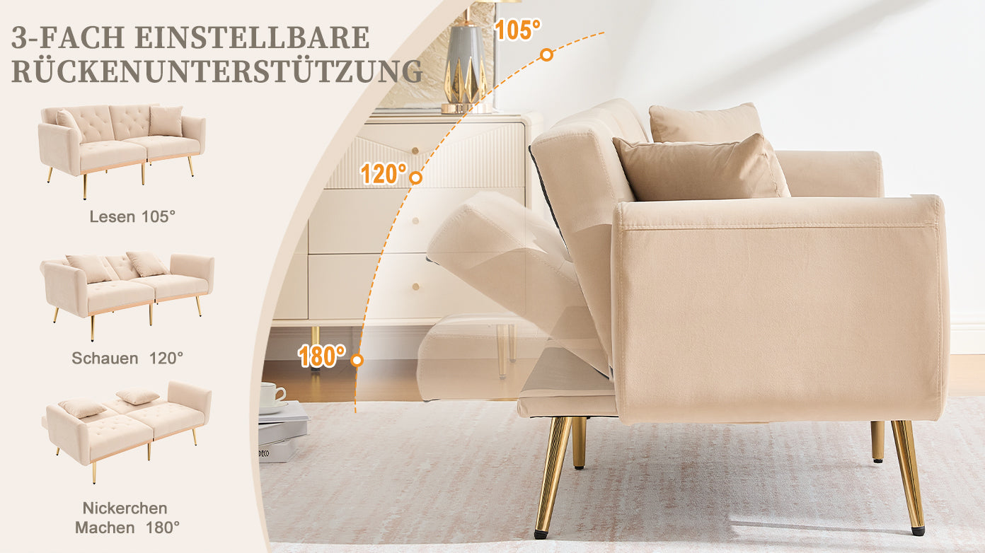 Double Sofa, Modern Velvet Sofa Bed with Adjustable Backrest, Beige