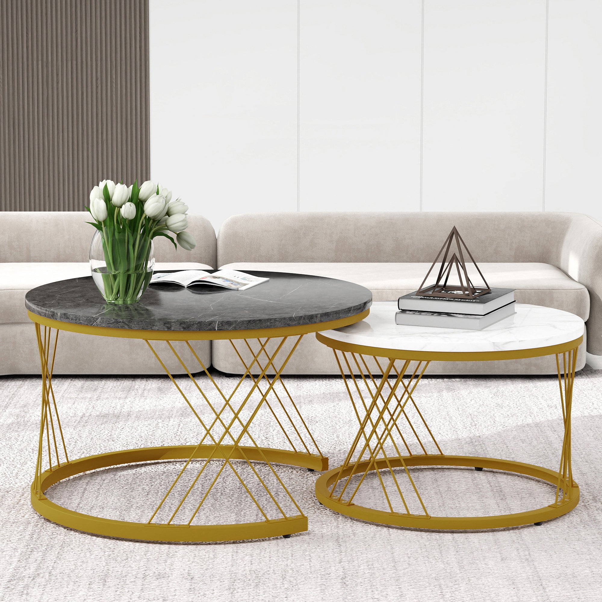 Nesting Coffee Table Set Modern Round Set of 2 Marble Veneer - Gold Frame