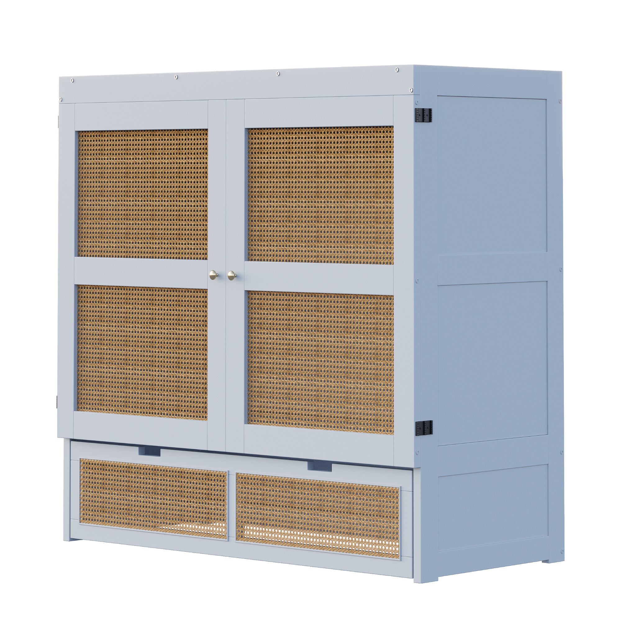 Wall Bed 140x200cm, Slatted Frame, Storage Drawers, Rattan Design, Grey