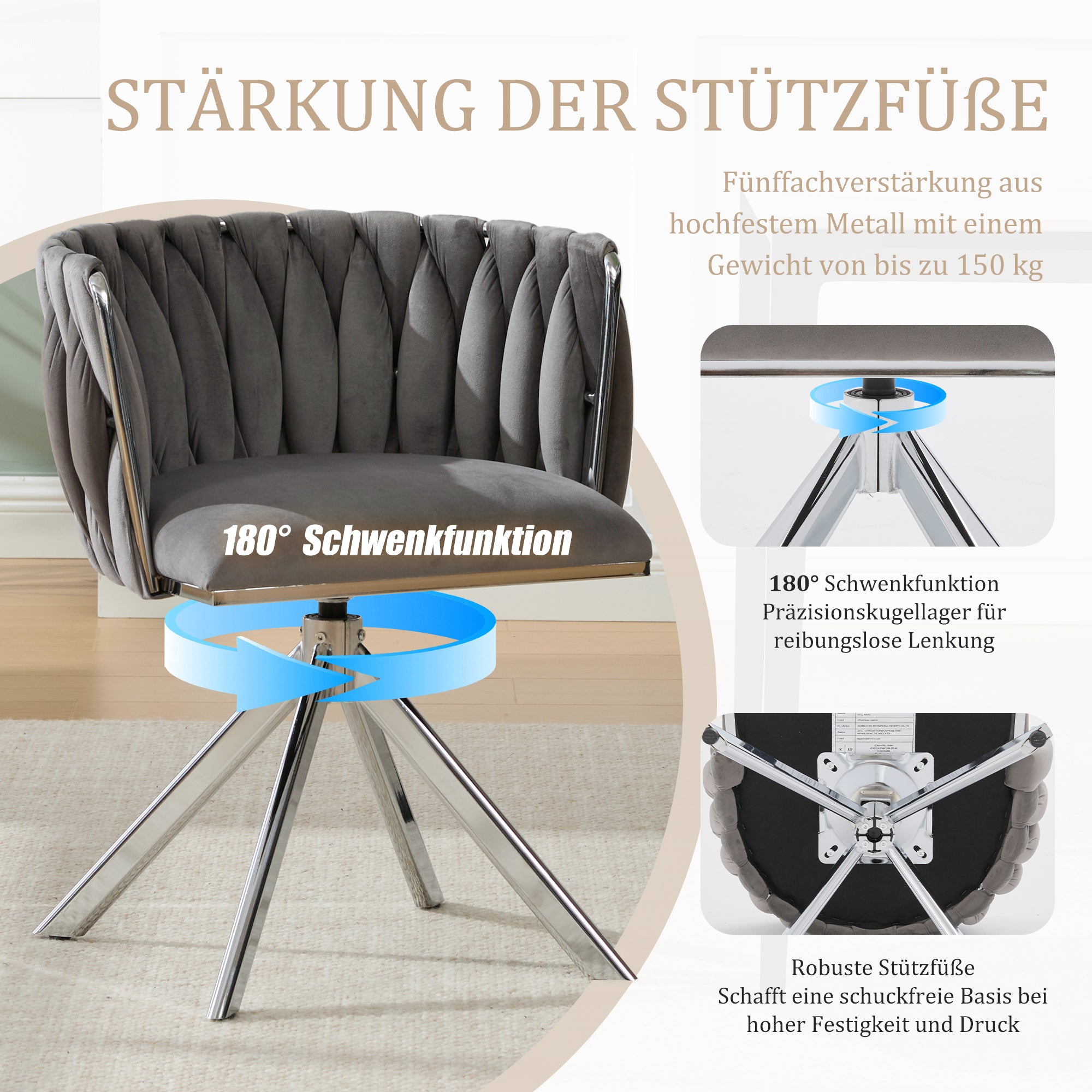 Velour Armchair, 180° Swivel, Ergonomic, Heavy-Duty Metal Frame