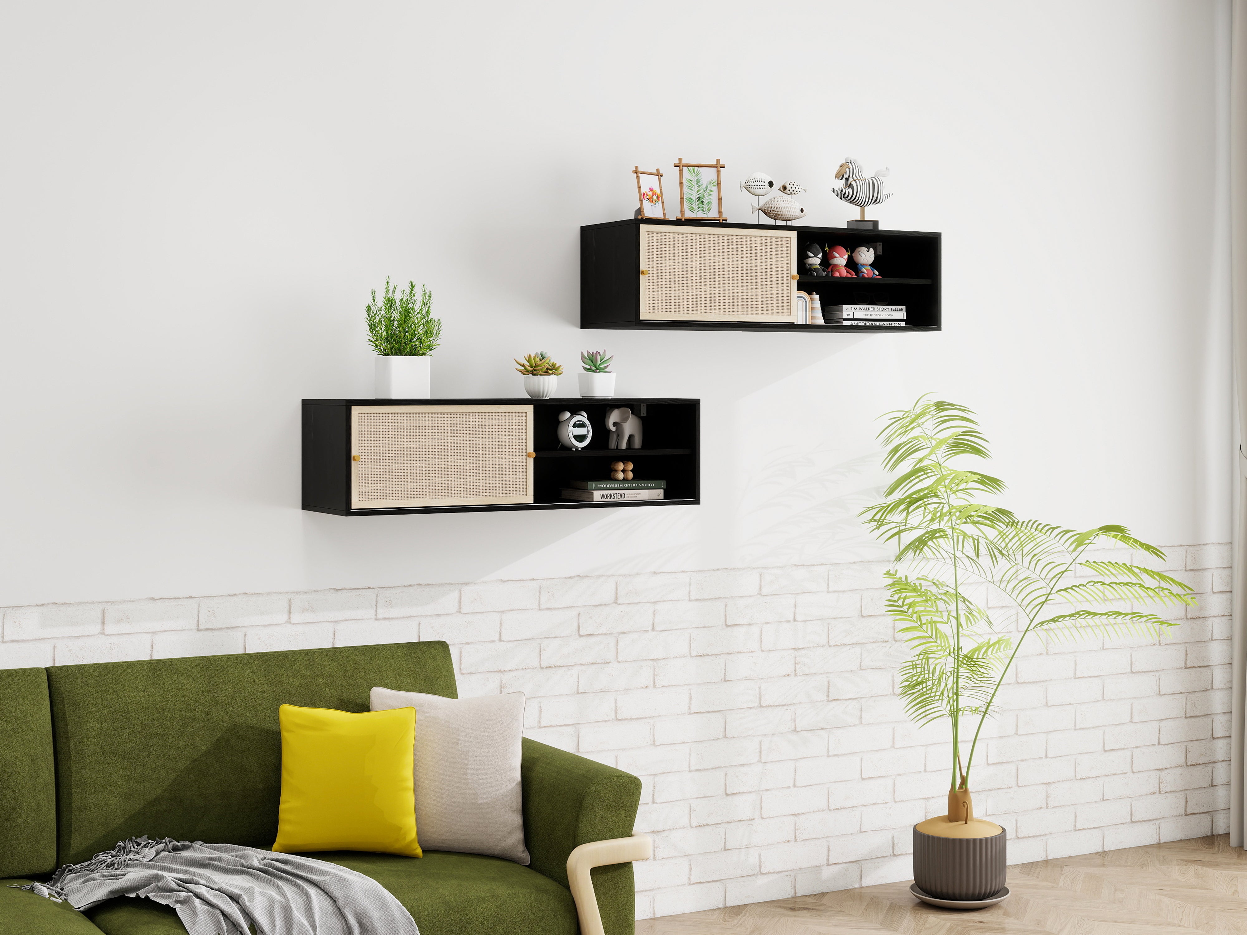 Wall Cabinet rectangular with sliding doors, rattan weave, 110 cm, black