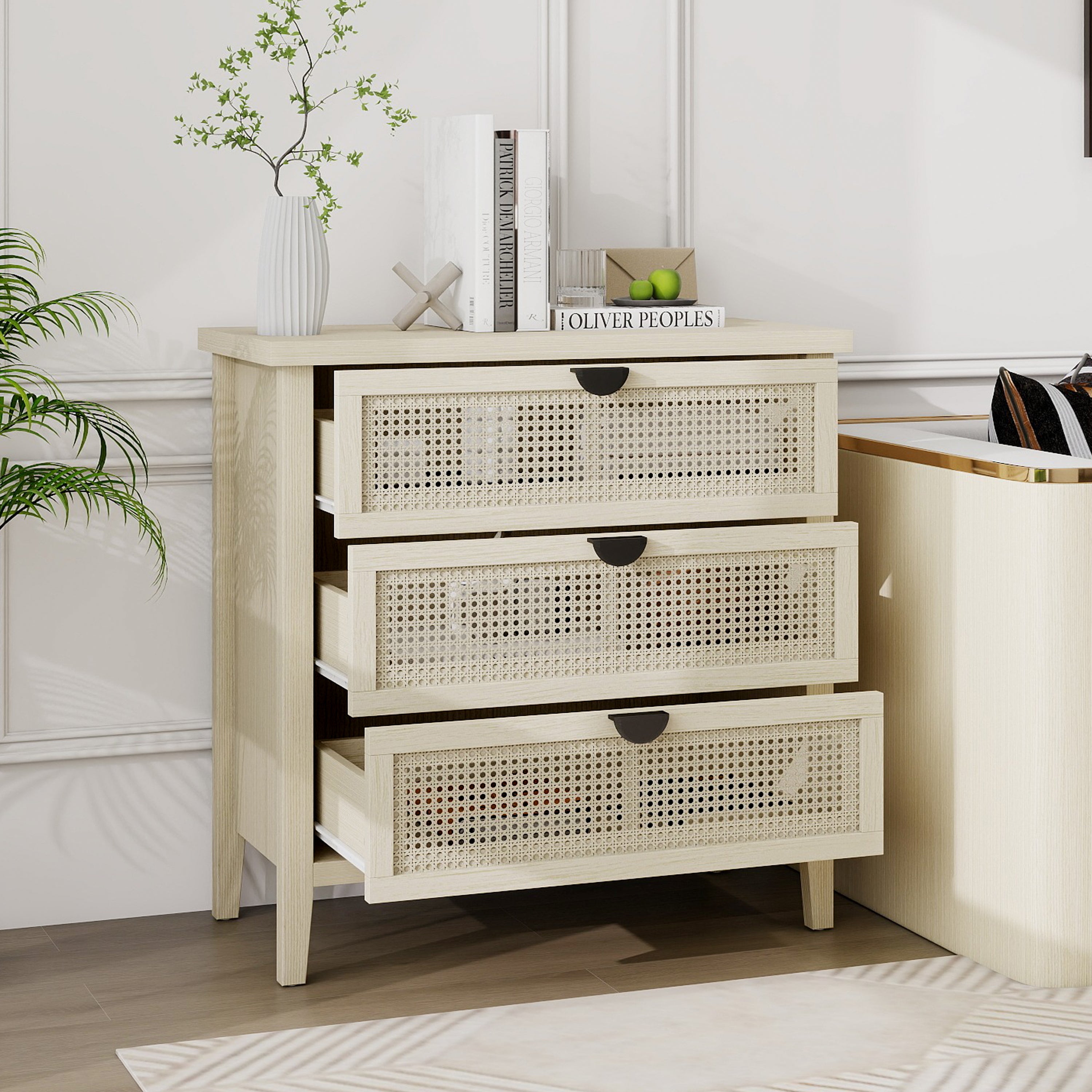 Side Cabinet 31.5" Three-Drawer Storage Natural Wood Look