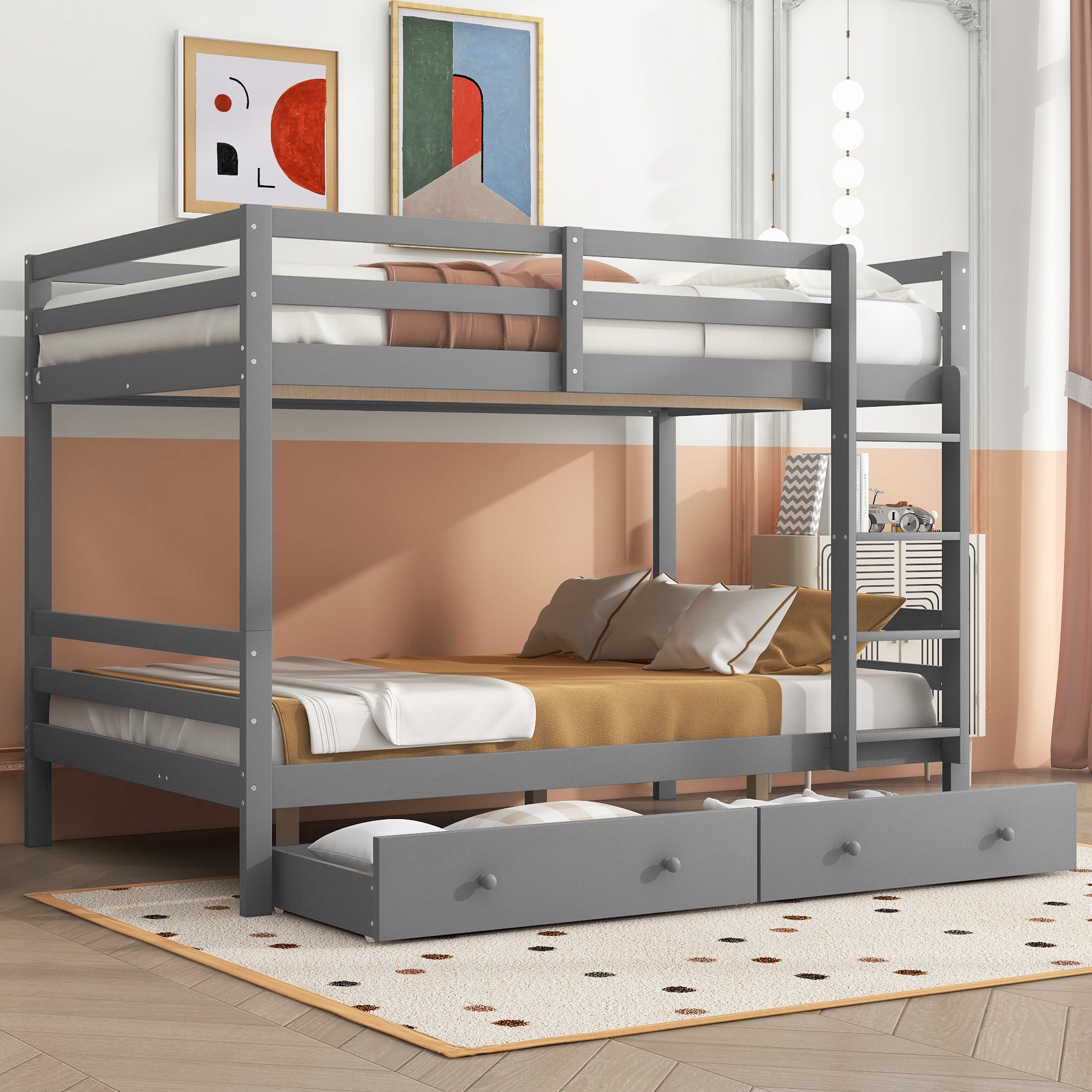 Bunk Bed 140x200cm Children's with Drawers Storage High Railings, Grey
