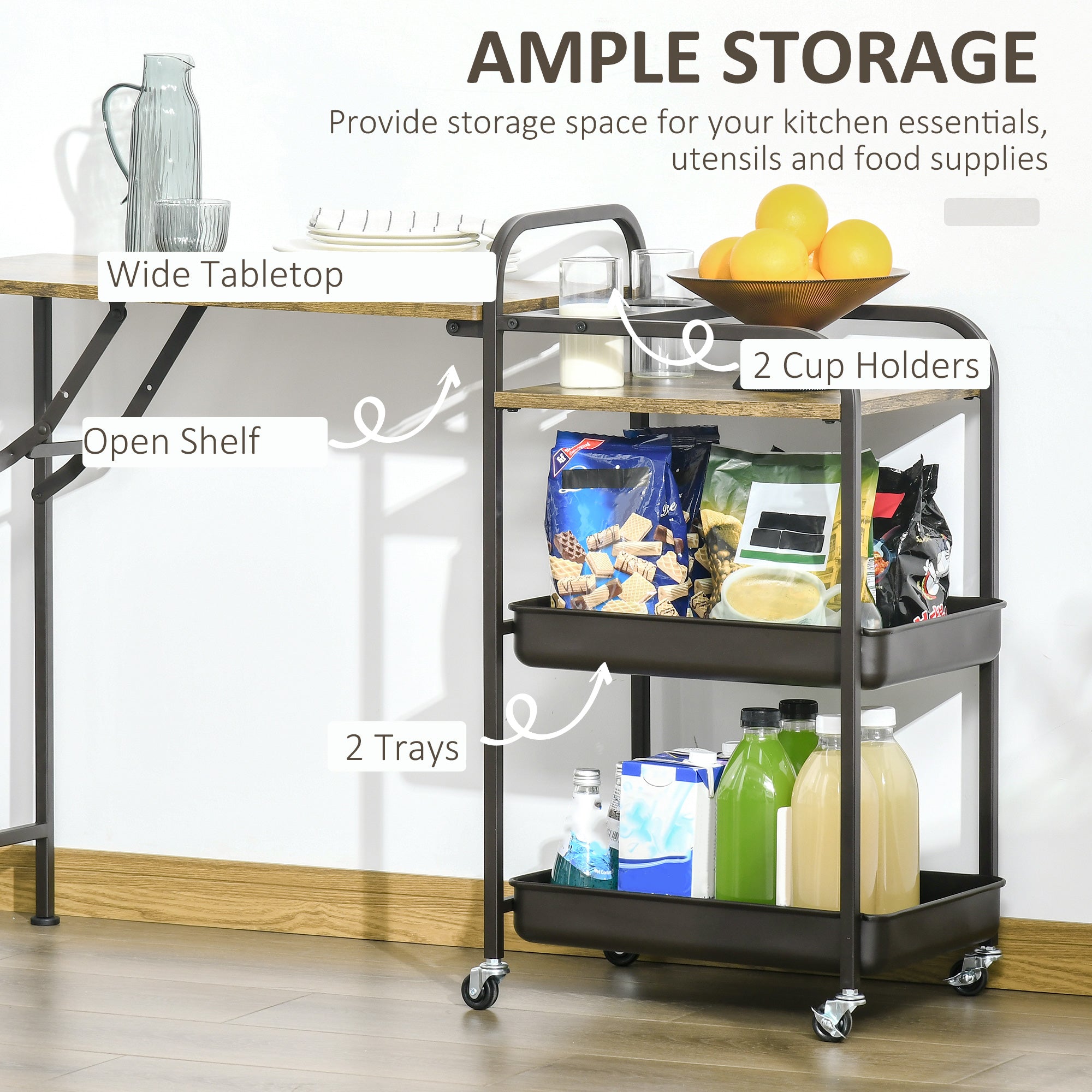 Kitchen Trolley with Folding Table Top, 2 Trays, Wheels, and Adjustable Foot Pads, Metal